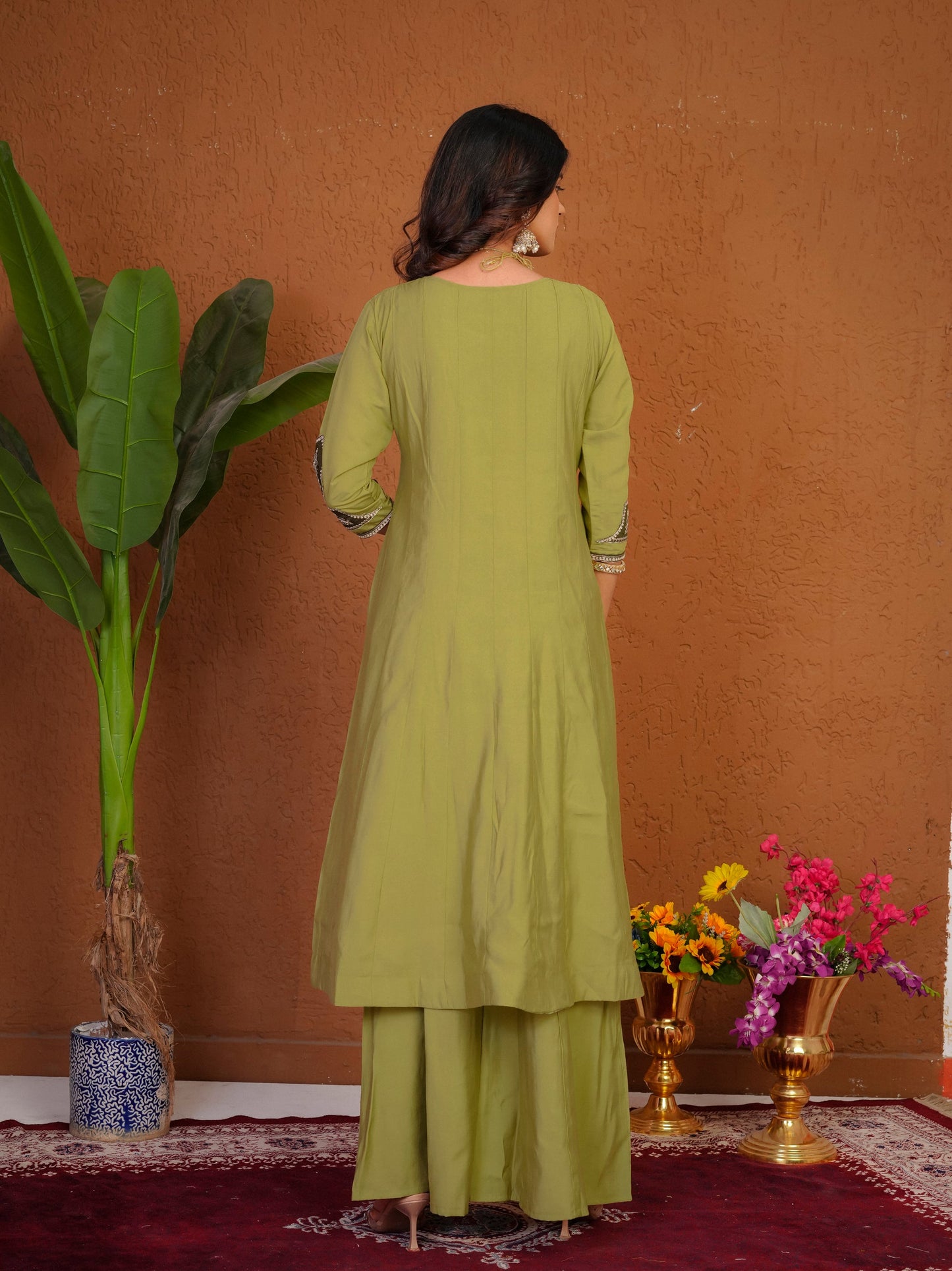 Lorenvalley Fashion Pista Roman Silk Multi Embroidery Thread With Beautiful Hand Work Kurta Palazzo Dupatta