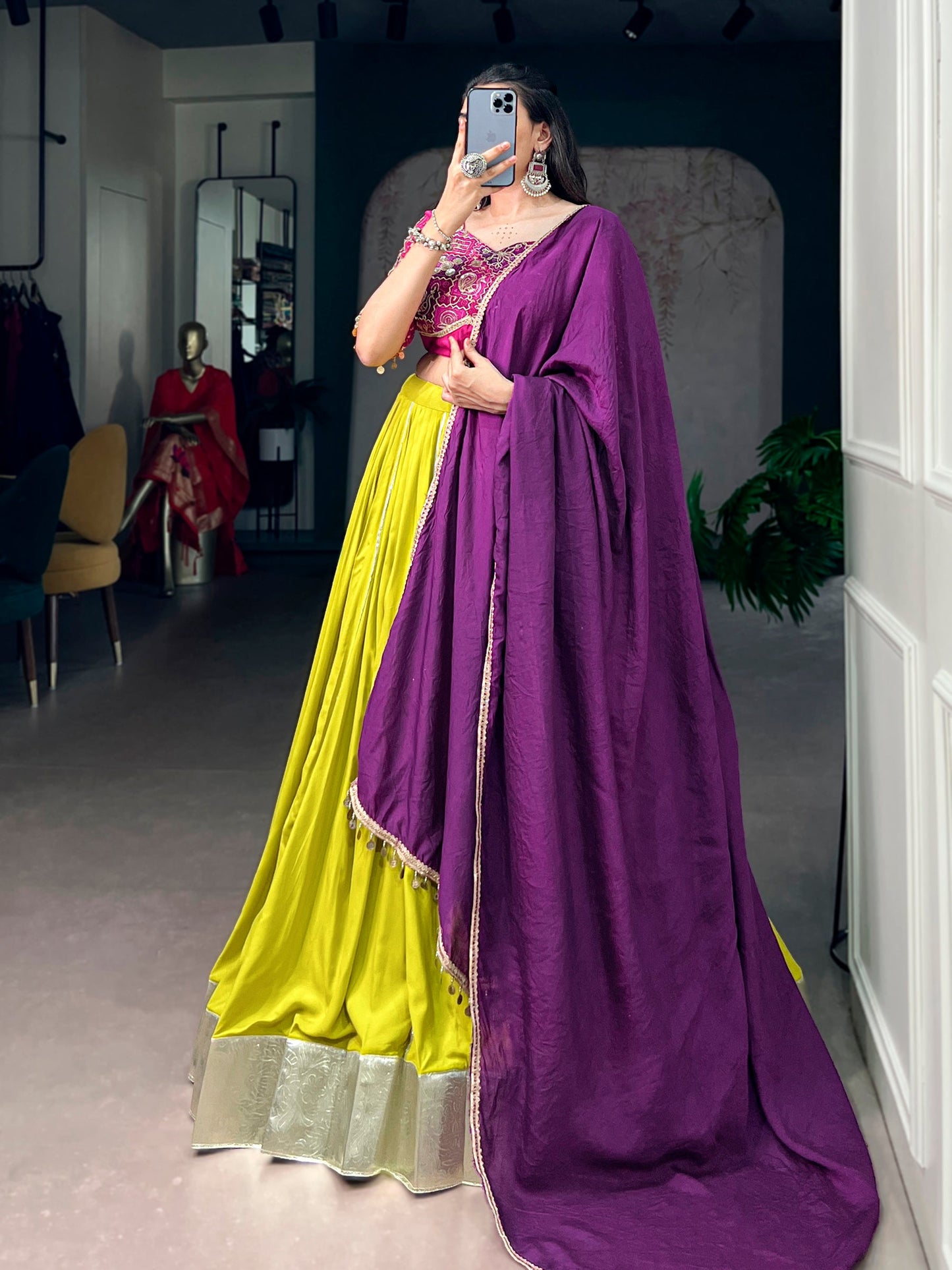 Lorenvalley Fashion Neon Yellow Rayon Embossed Design Lace Border Lehenga Choli With Dupatta