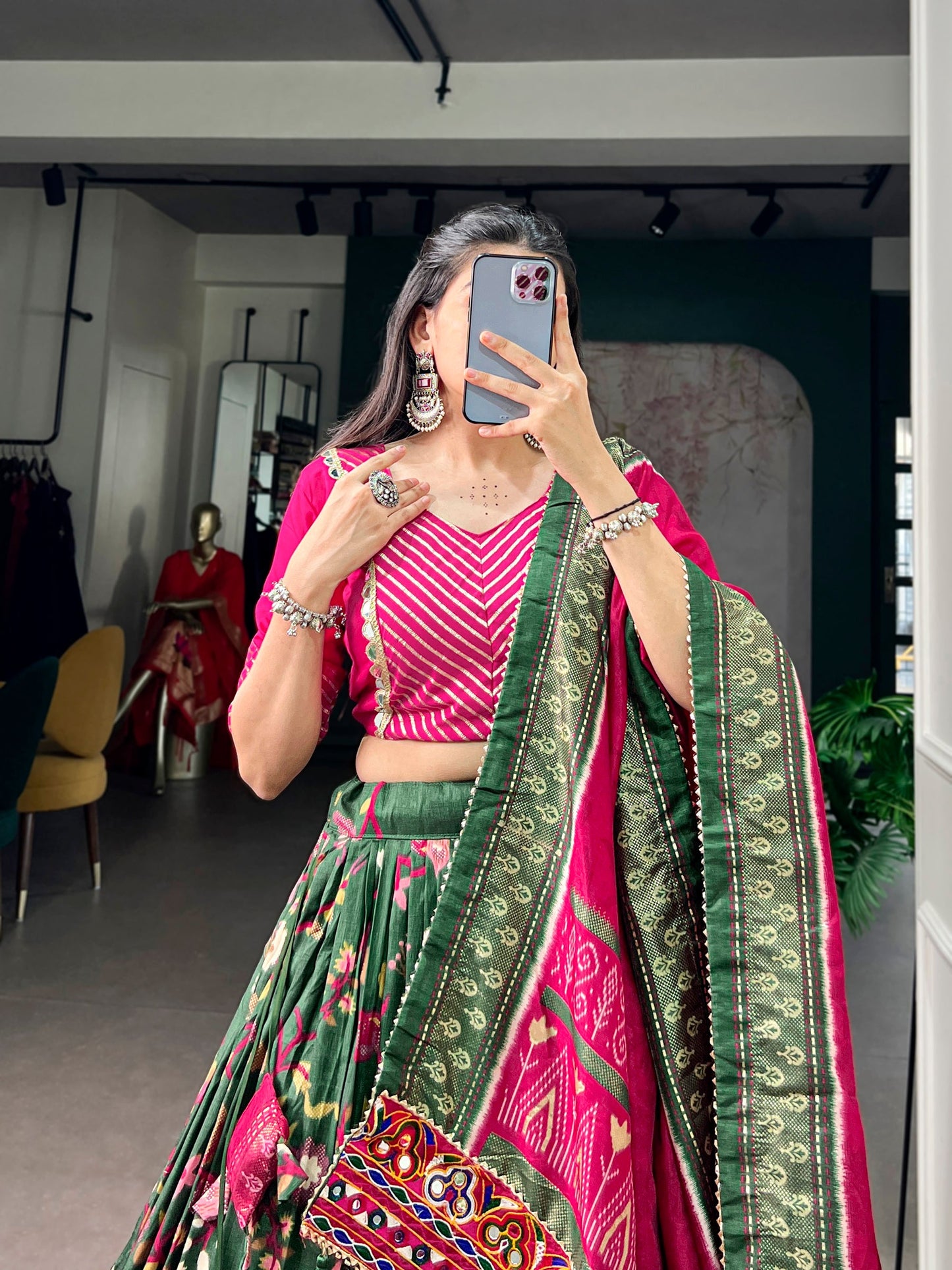 Lorenvalley Fashion Mehendi Tasar Silk Foil Printed With Mirror Gamthi Work Lehenga Choli With Dupatta