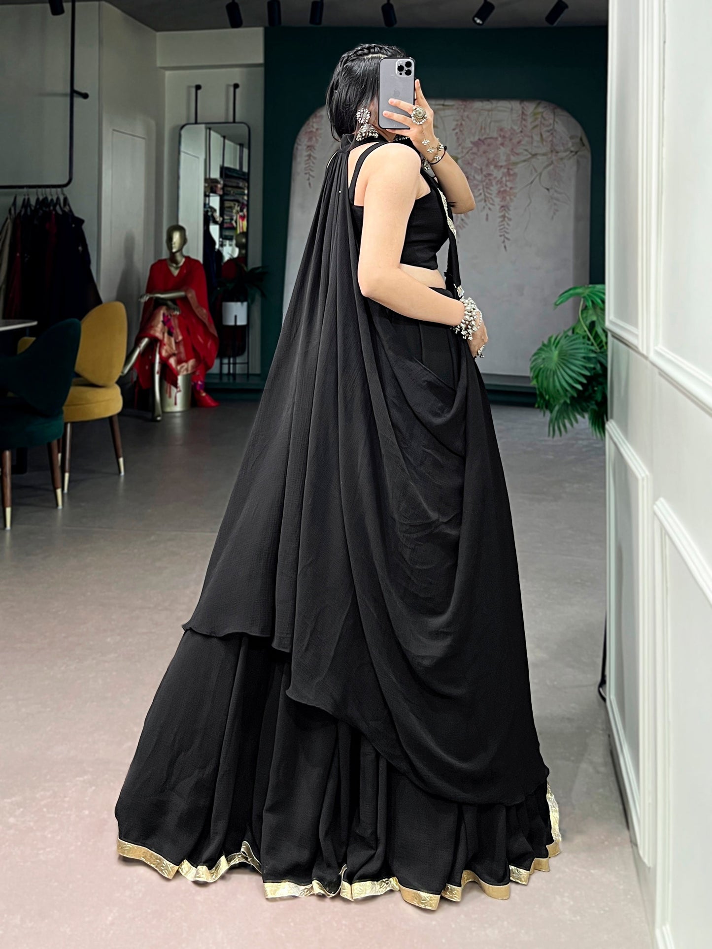 Lorenvalley Fashion Black Feather-Light Flow Fabric With Lace Lehenga Choli With Long Jacket