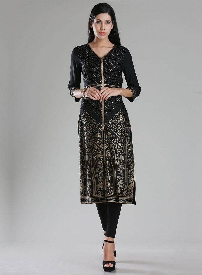 W for Woman Black V Neck Printed kurta