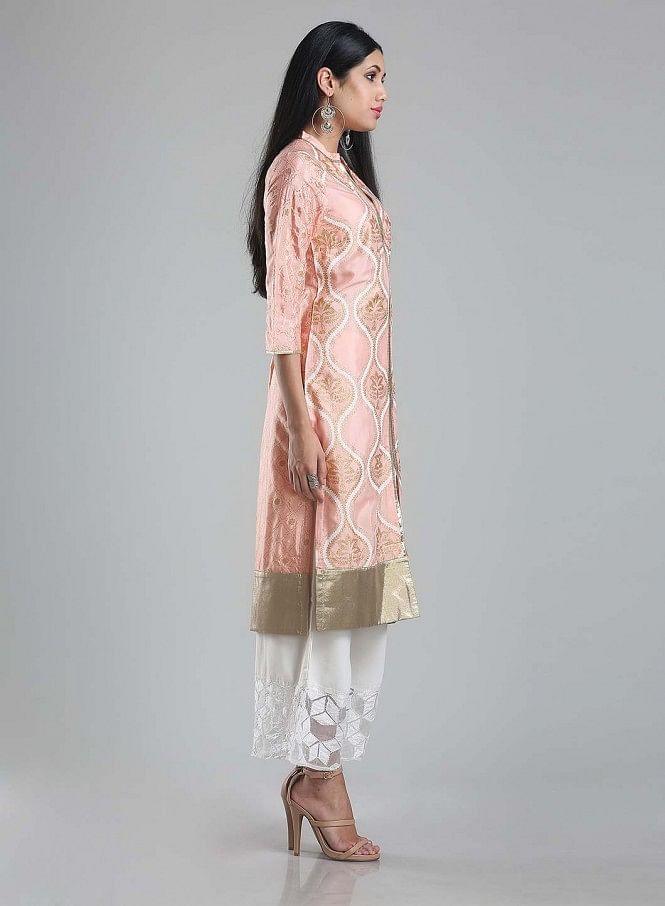 W for Woman Pink Printed Mandarin Neck kurta