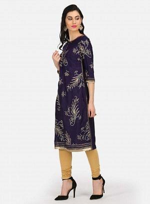W for Woman Purple Embellished Round Neck kurta