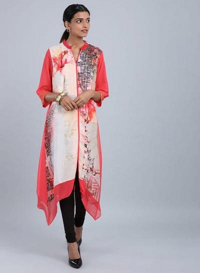 W for Woman Rose Pink Mandarin Neck Floral Print kurta