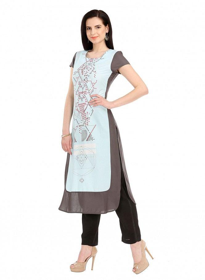 W for Woman Grey Printed Short Sleeve kurta