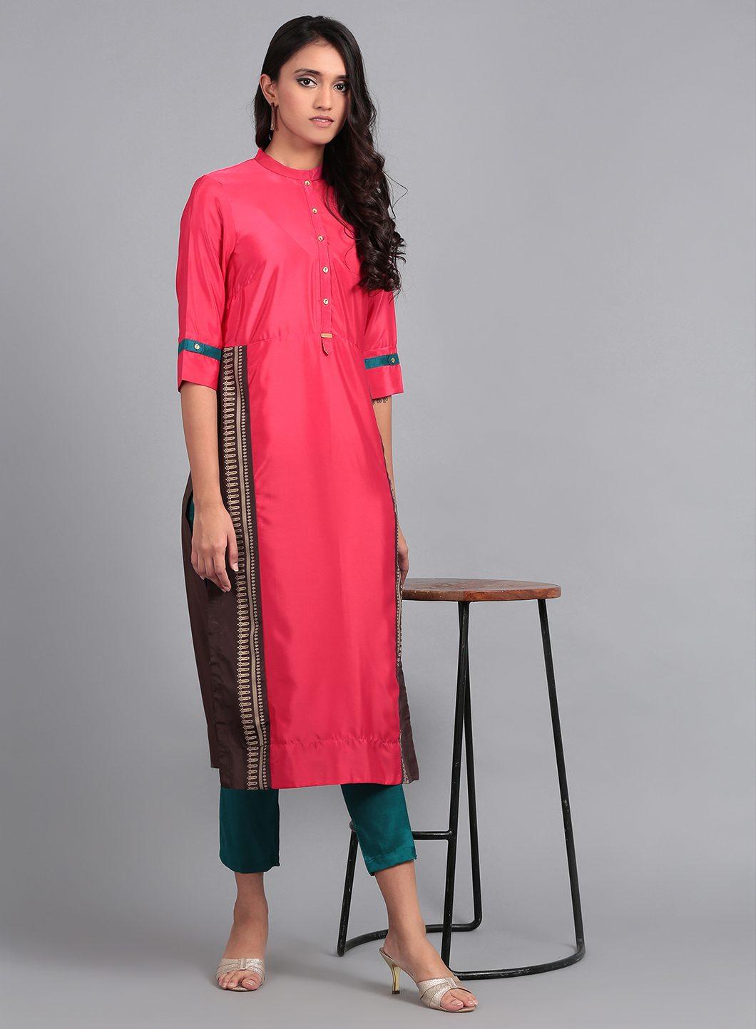 W for Woman Pink Mandarin Neck French Crepe kurta