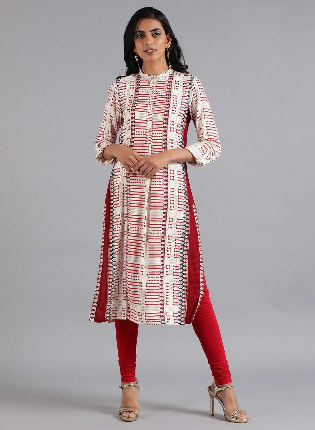 W for Woman White & Red Mandarin Neck Printed kurta