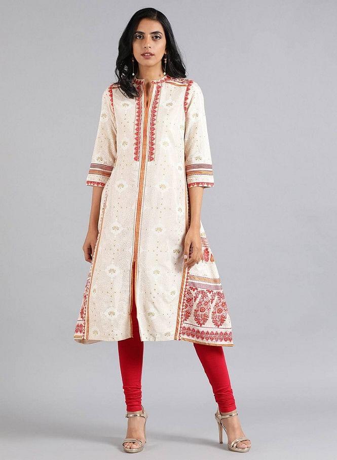 W for Woman Ecru & Pink Mandarin Neck kurta