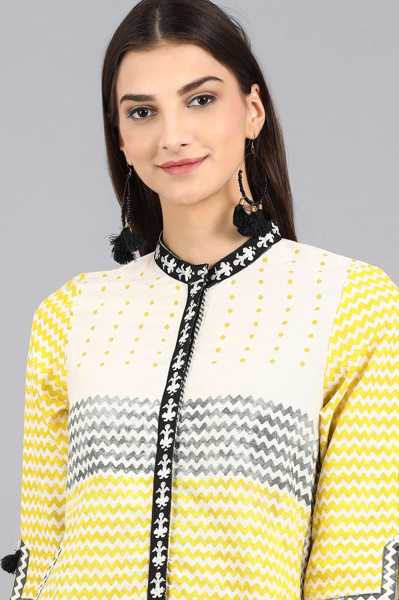 W for Woman Off-White & Yellow Mandarin Neck kurta