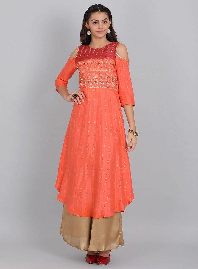 W for Woman Orange Embellished Cut-Out Sleeves kurta