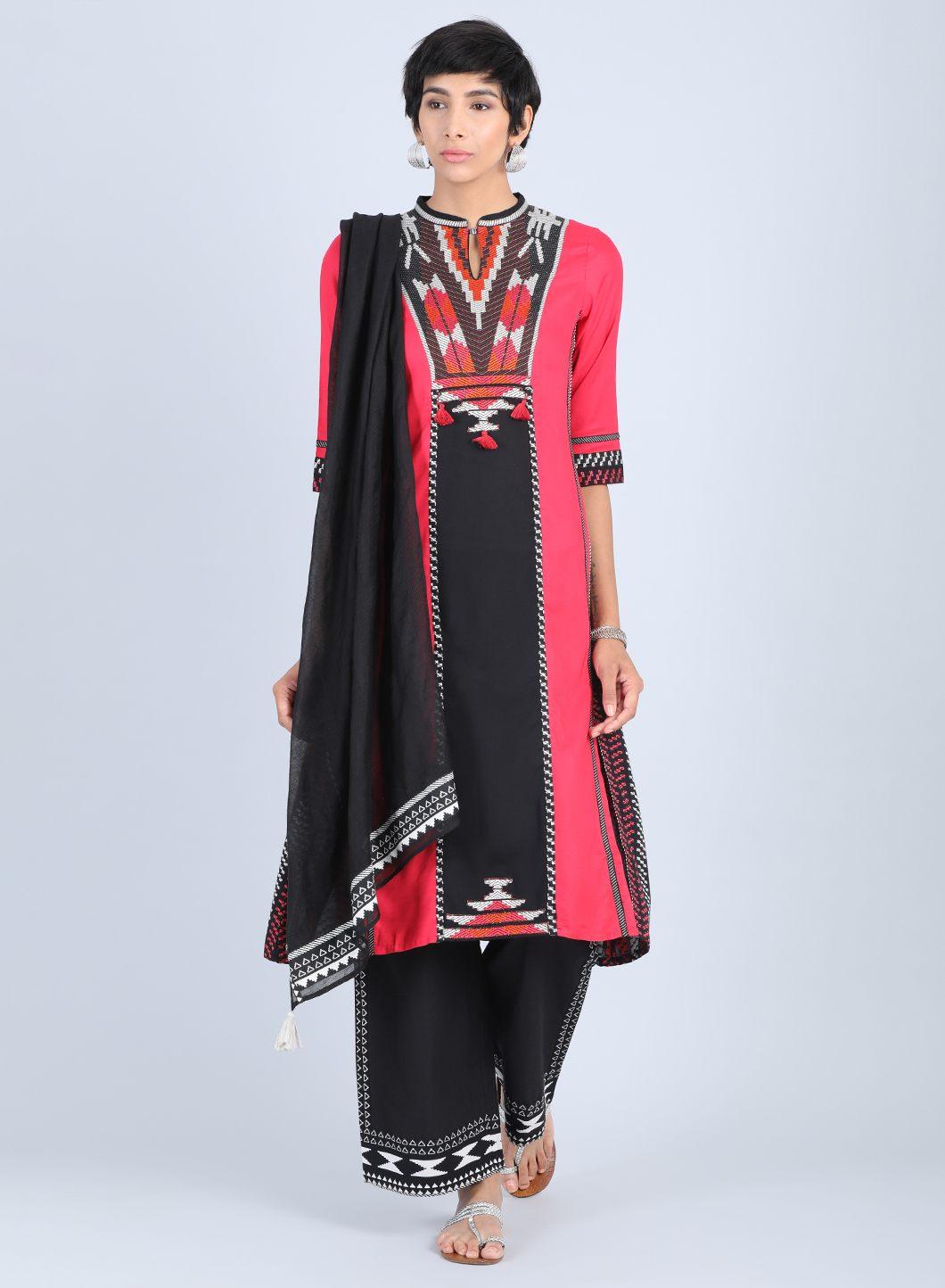 W for Woman Red Mandarin Neck A-Line kurta