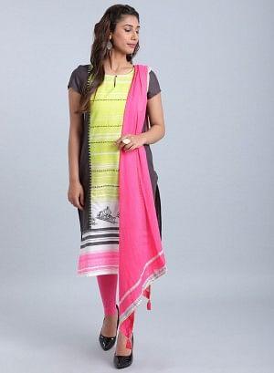 W for Woman Black & Green Printed Stylized Round Neck kurta