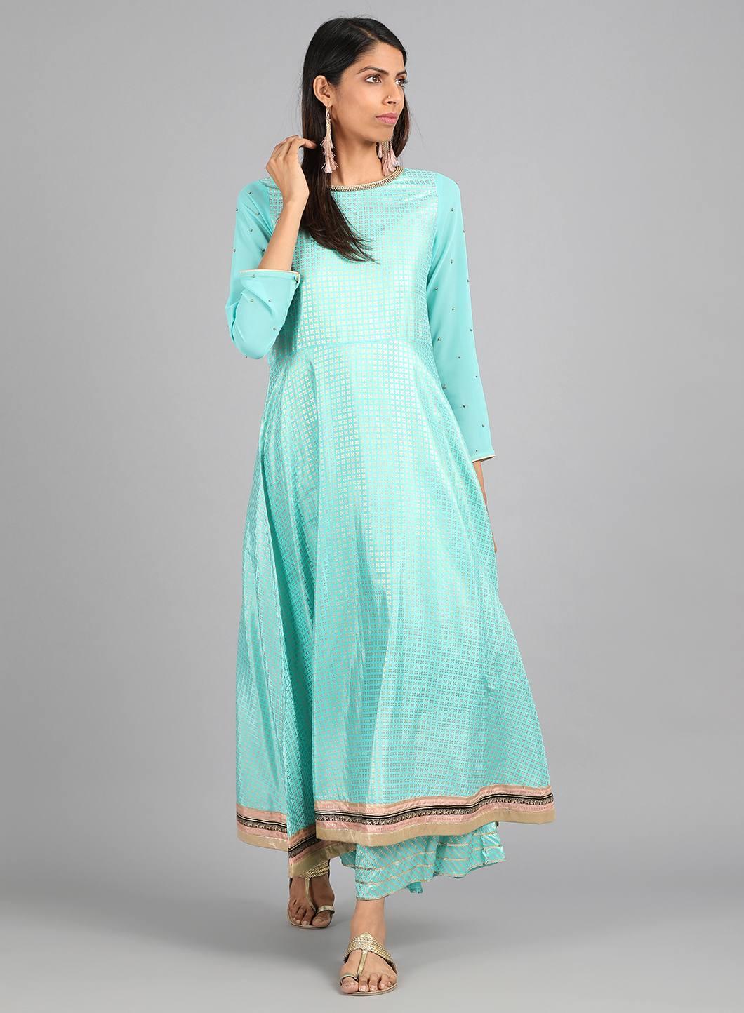 W for Woman Blue Round Neck Embellished kurta