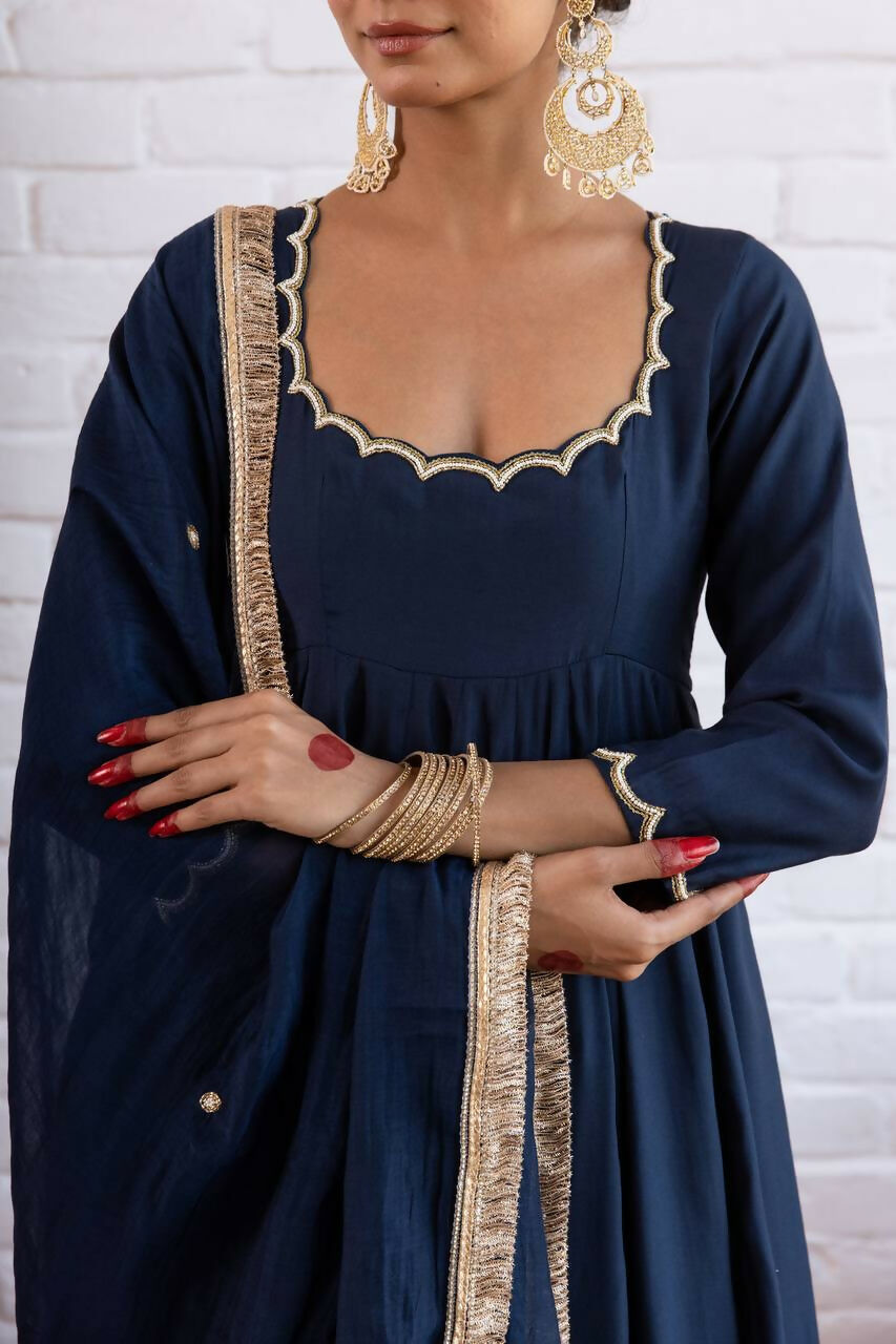 Teeya Creation Navy Blue Scallop Border Anarkali Kurta Set For Women