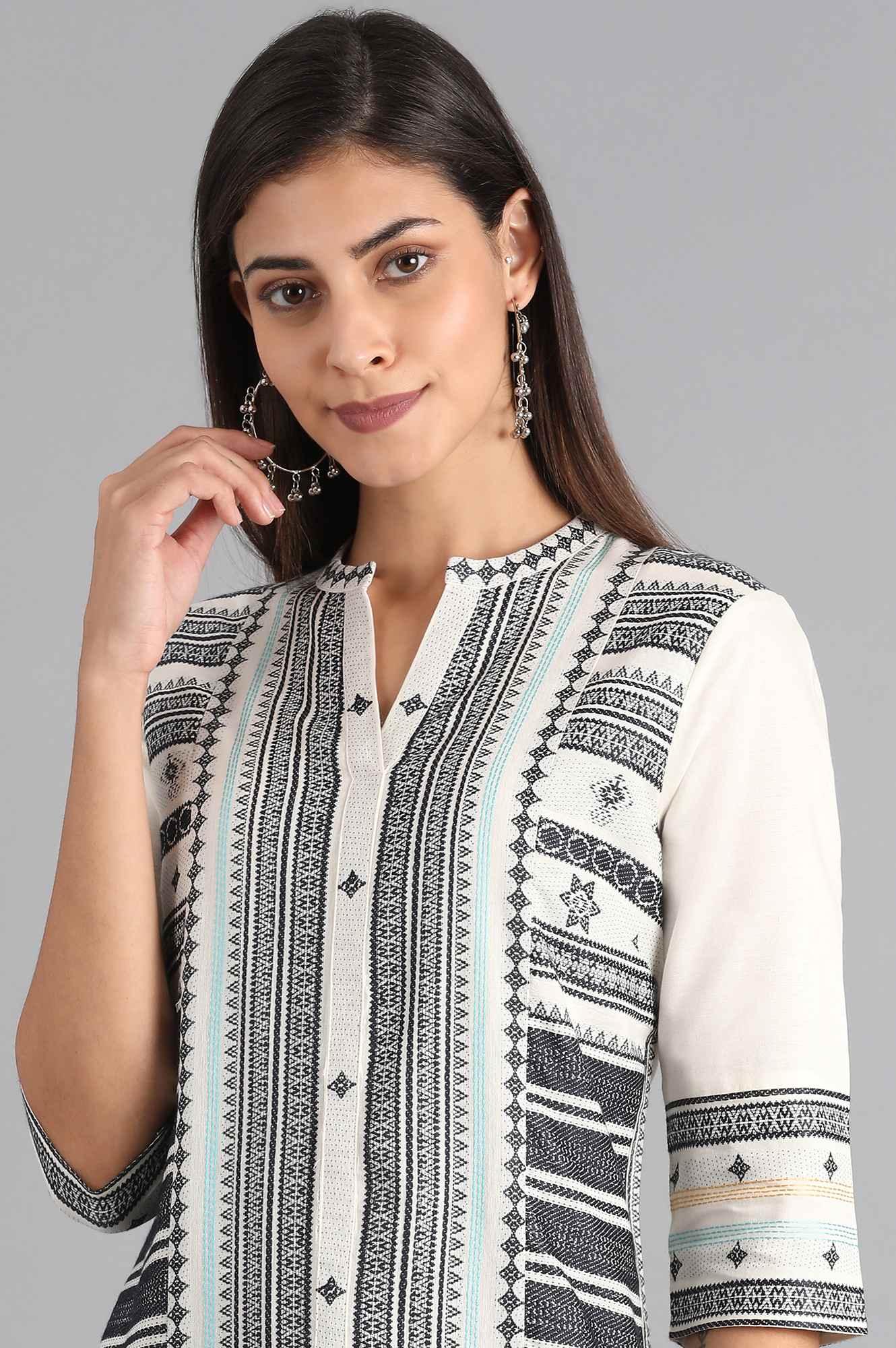 W for Woman White & Grey Dobby kurta