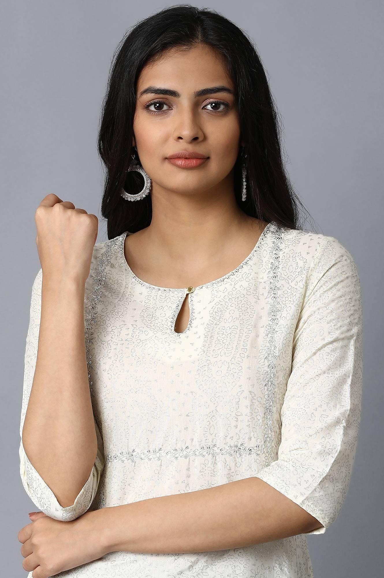 W for Woman White Glitter Print kurta with Zari Embroidery
