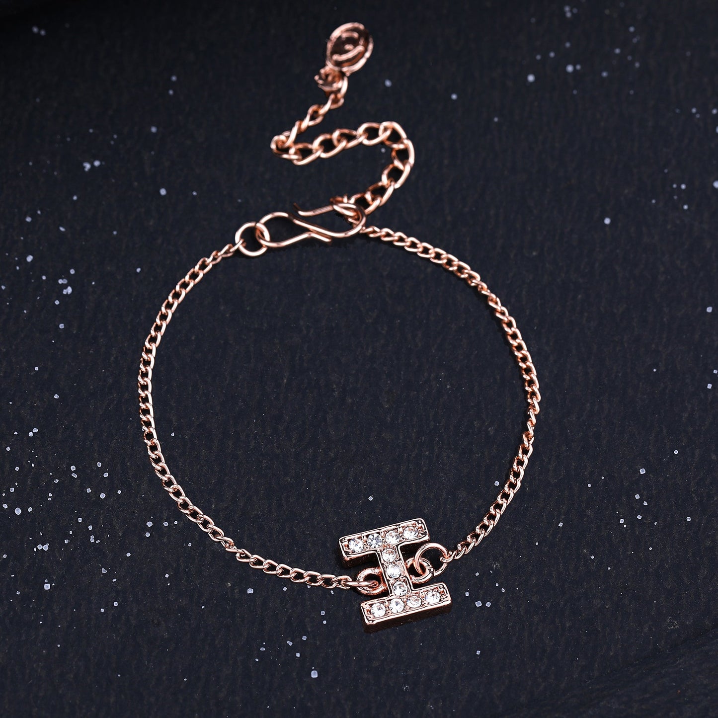 Estele Rose Gold Plated Captivating Medium 'I' Letter Bracelet with Crystals for Women
