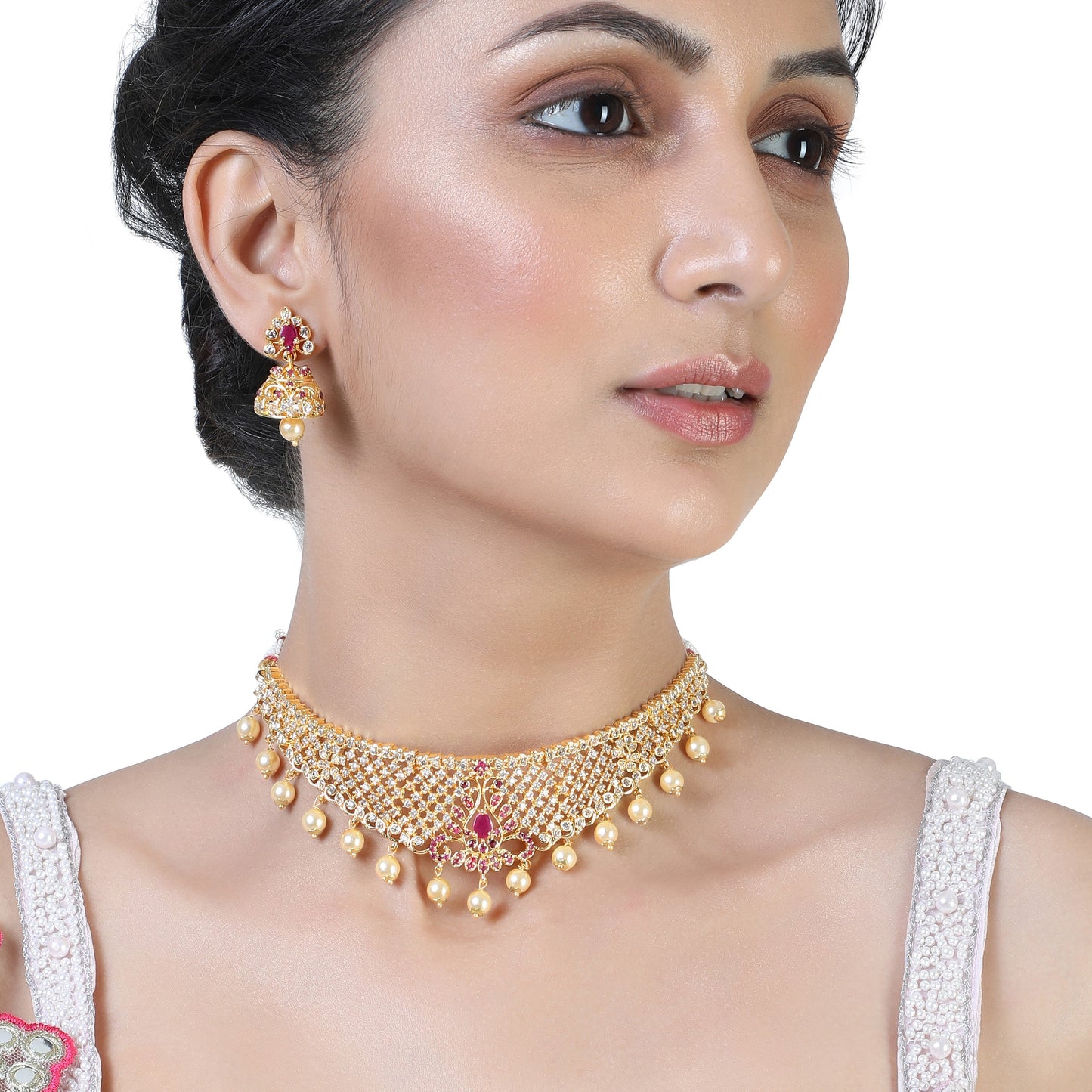 Bridal Pearl Ruby Choker Set