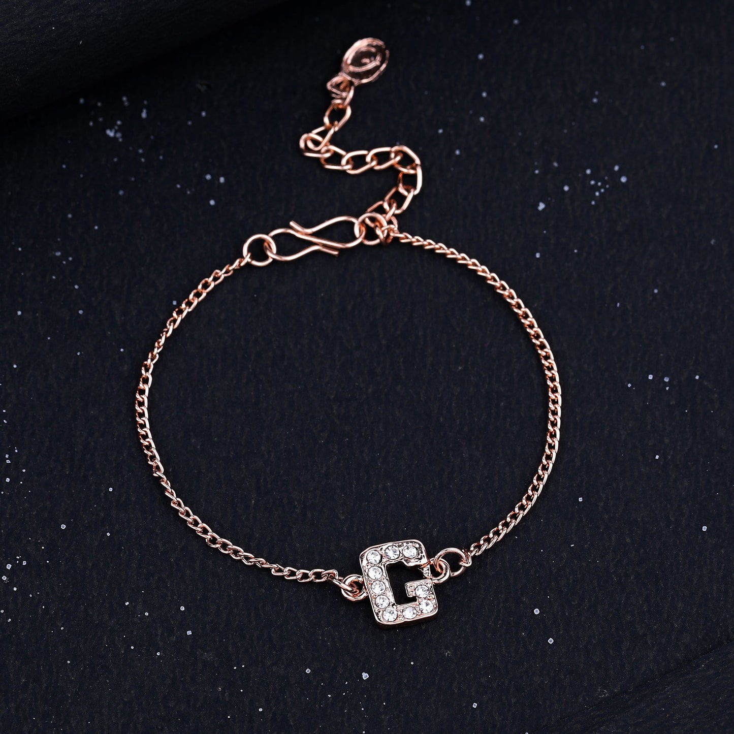 Estele Rose Gold Plated Captivating Medium 'G' Letter Bracelet with Crystals for Women