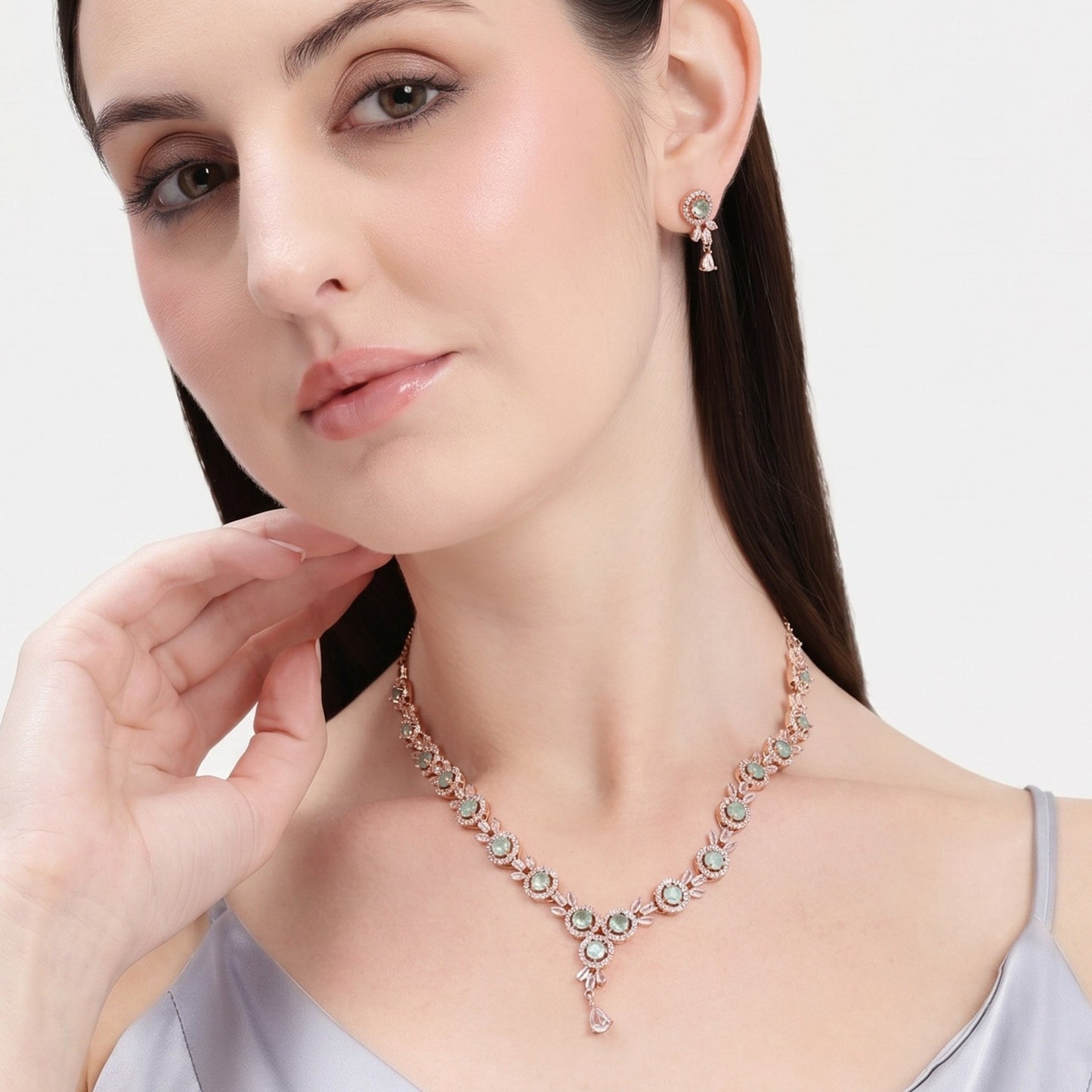 Mint Green CZ Floral Necklace Set