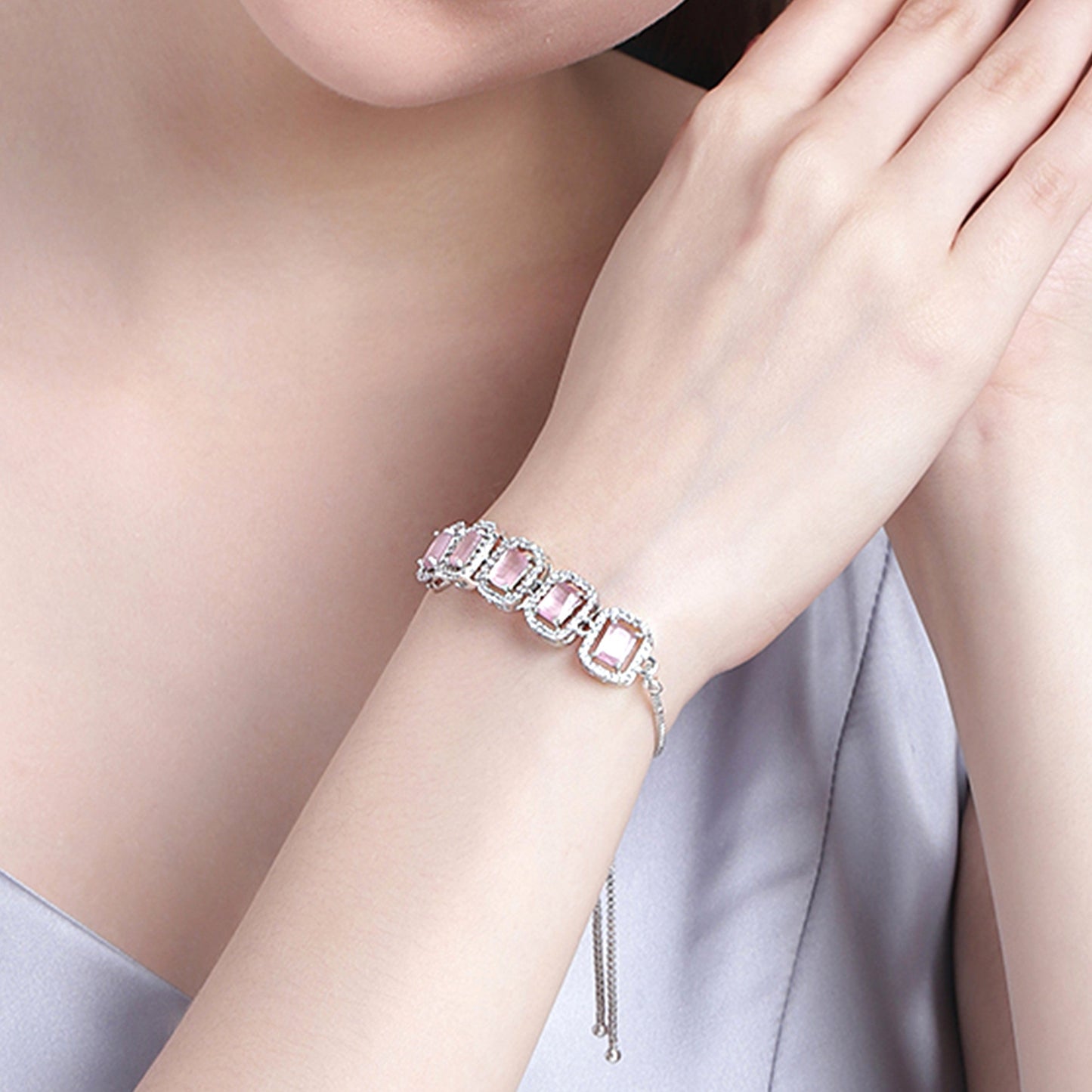 Estele Rhodium Plated CZ Ossum Octagon Bracelet With Mint Pink Crystals for Women