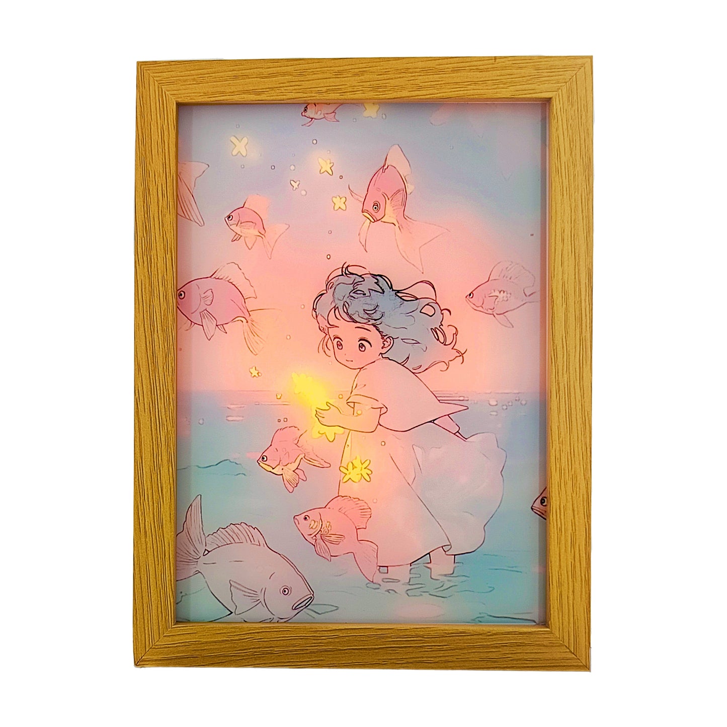 Cute Girl With Fish Light Photo Frame Decoration | LED Glowing Photo Frame | 22.5 x 17.5 Cms |