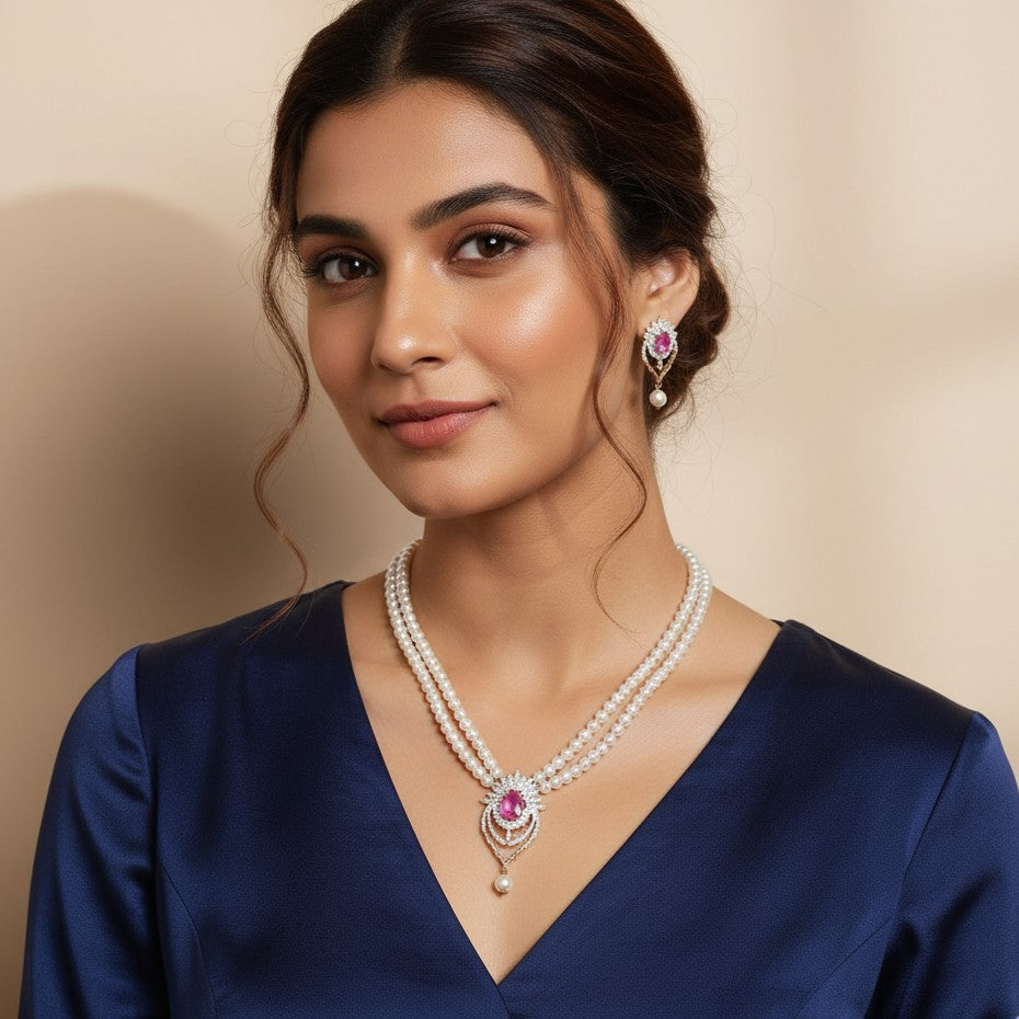 Double String Pearl Necklace Set