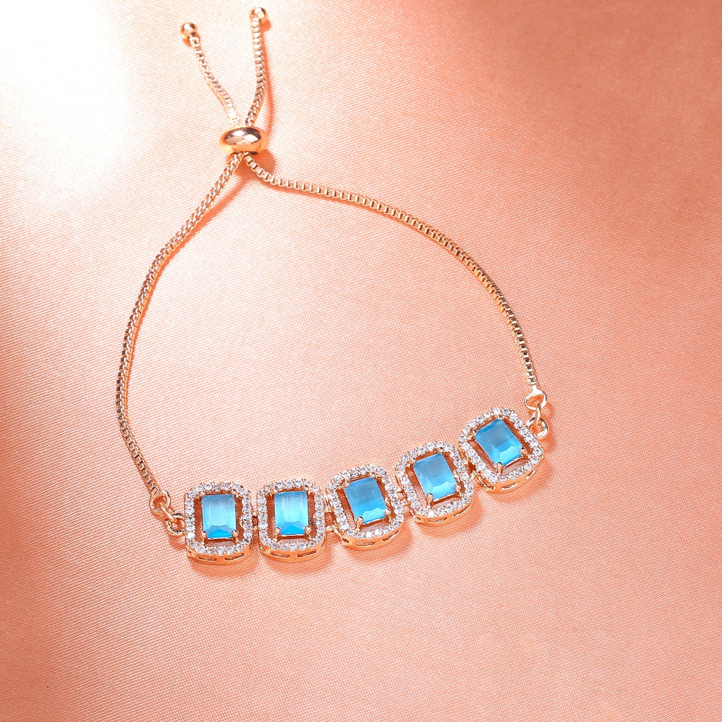Estele Rose Gold Plated CZ Ossum Octagon Bracelet with Mint Blue Stones for Women