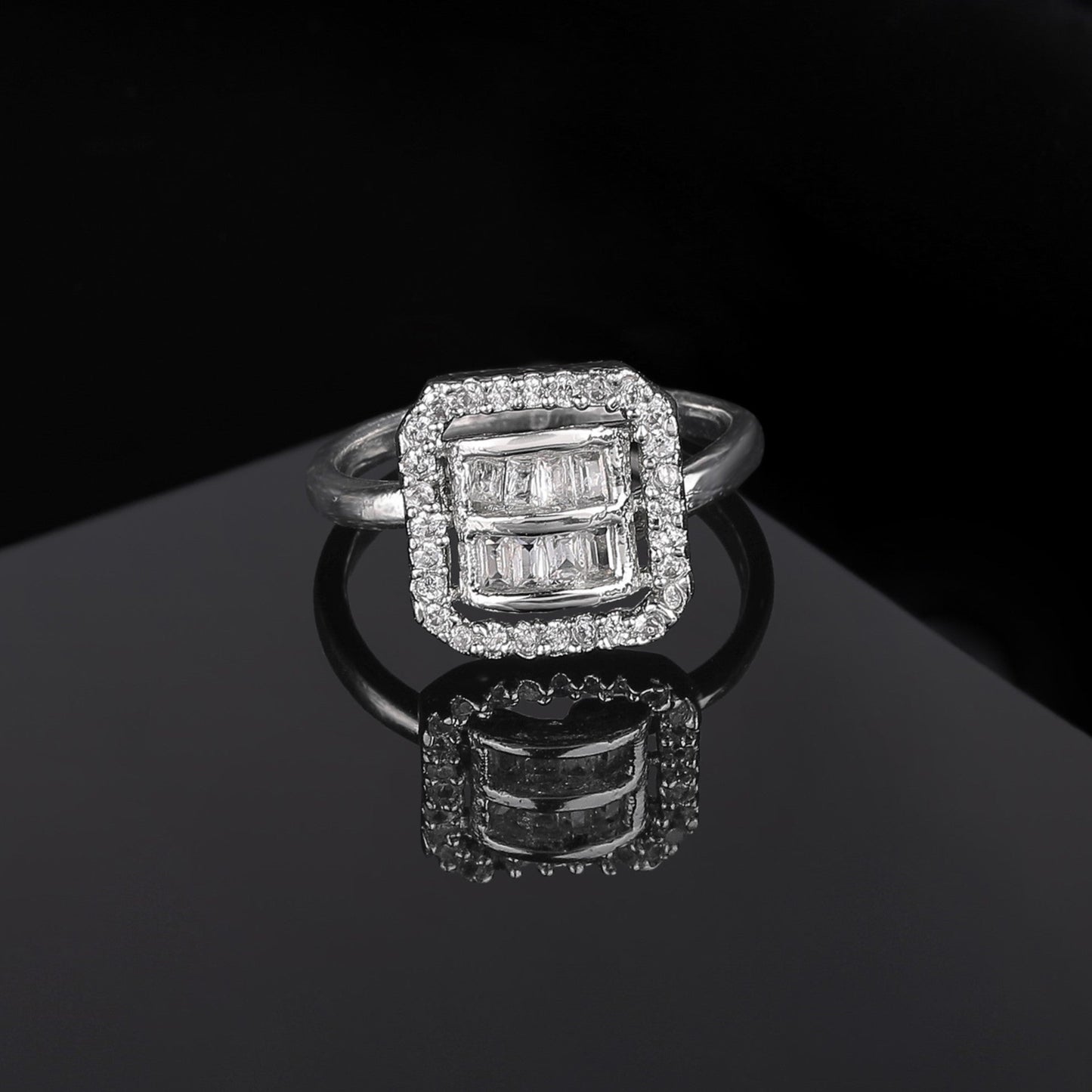 Estele Rhodium Plated CZ Ossum Octagon Finger Ring for Women(Adjustable)