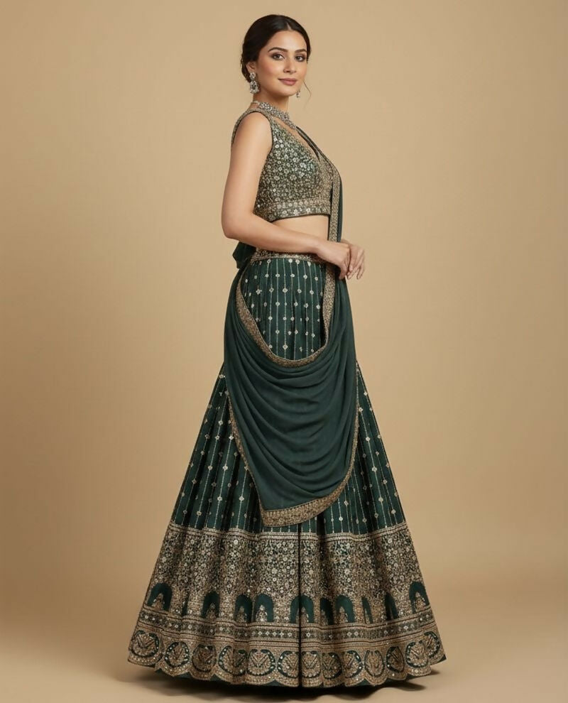 Lehenga Mart Greenish Star Faux Georgette Designer Bollywood Style Wedding Wear Lehenga Choli