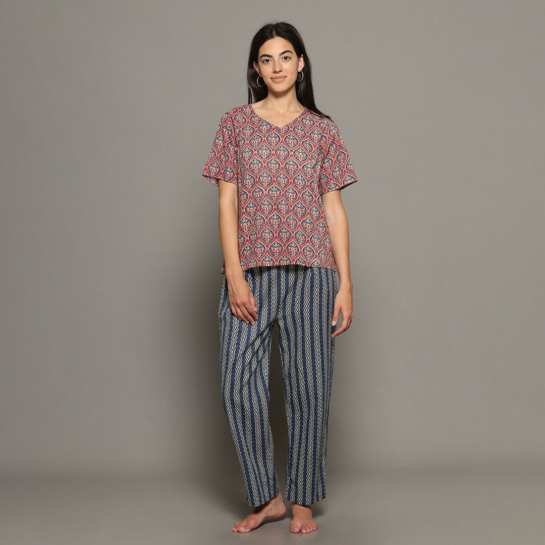 Breathables Women Cotton Printed Loungewear Kurta And Pants Co-Ord Set Pink & Navy I Nightwear