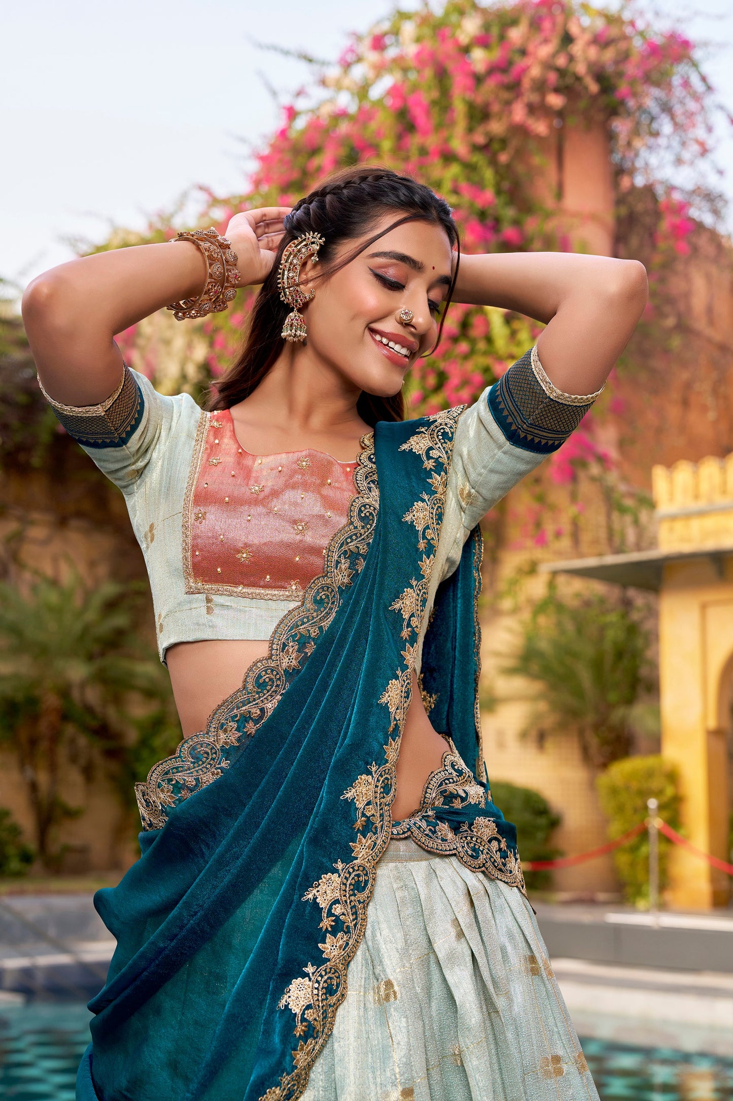 Lorenvalley Fashion Skyblue Slub Kota Zari Weaving Work with Paithani (Jacquard) Border Lehenga Choli with Dupatta