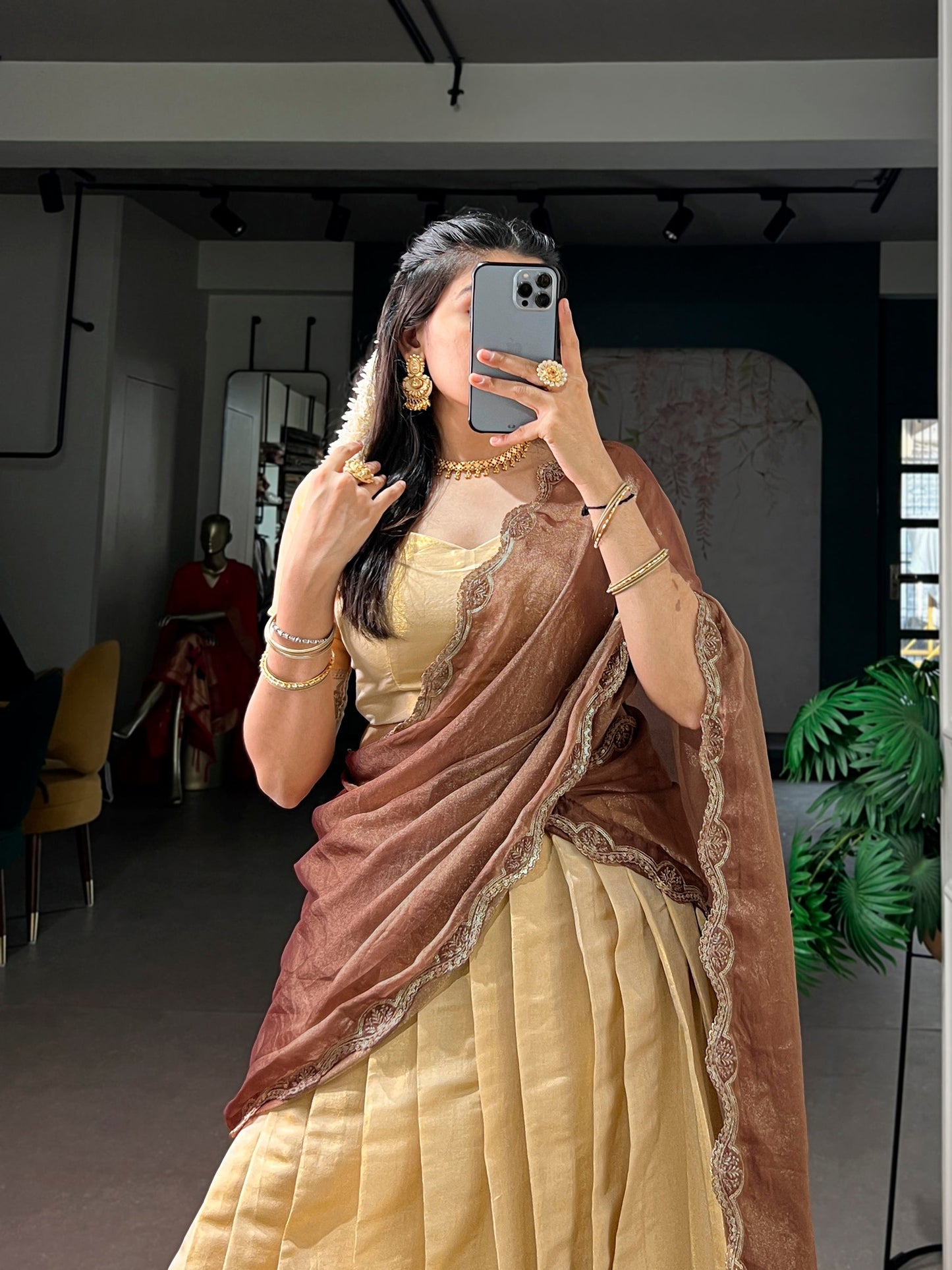 Lorenvalley Fashion Cream Kanchipuram Zari Weaving Work Lehenga Choli with Dupatta