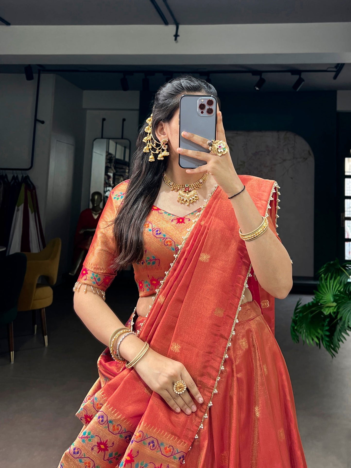 Lorenvalley Fashion Coral Shimmer Zari Weaving Work With Less Touch Up Lehenga Choli With Dupatta