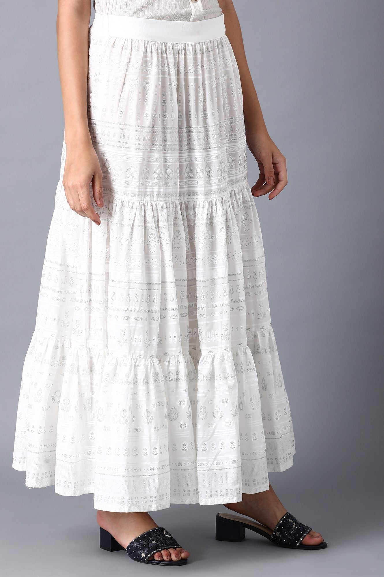 W for Woman Ecru Glitter Printed Tiered Skirt
