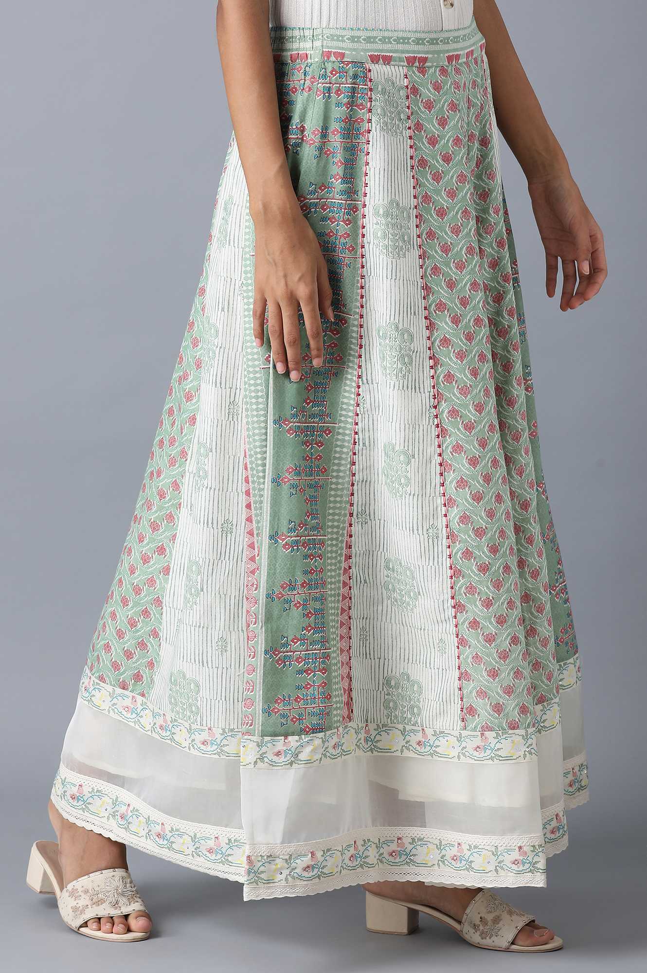 W for Woman Pastel Green Print Mix Panelled Skirt