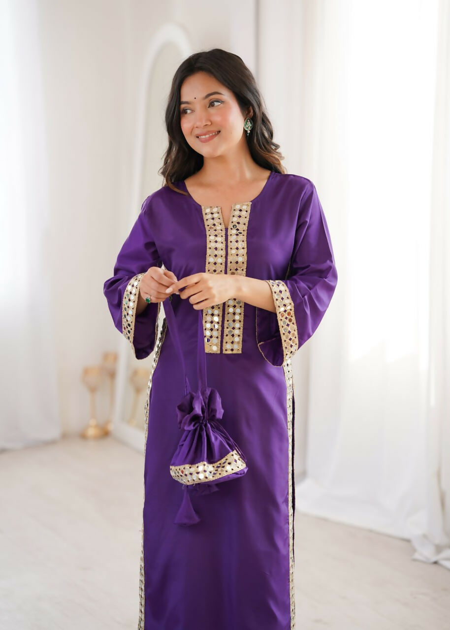Teeya Creation Womens New Trending Purple Color Natural Crepe With Real Mirror Lace Work Kurta Set
