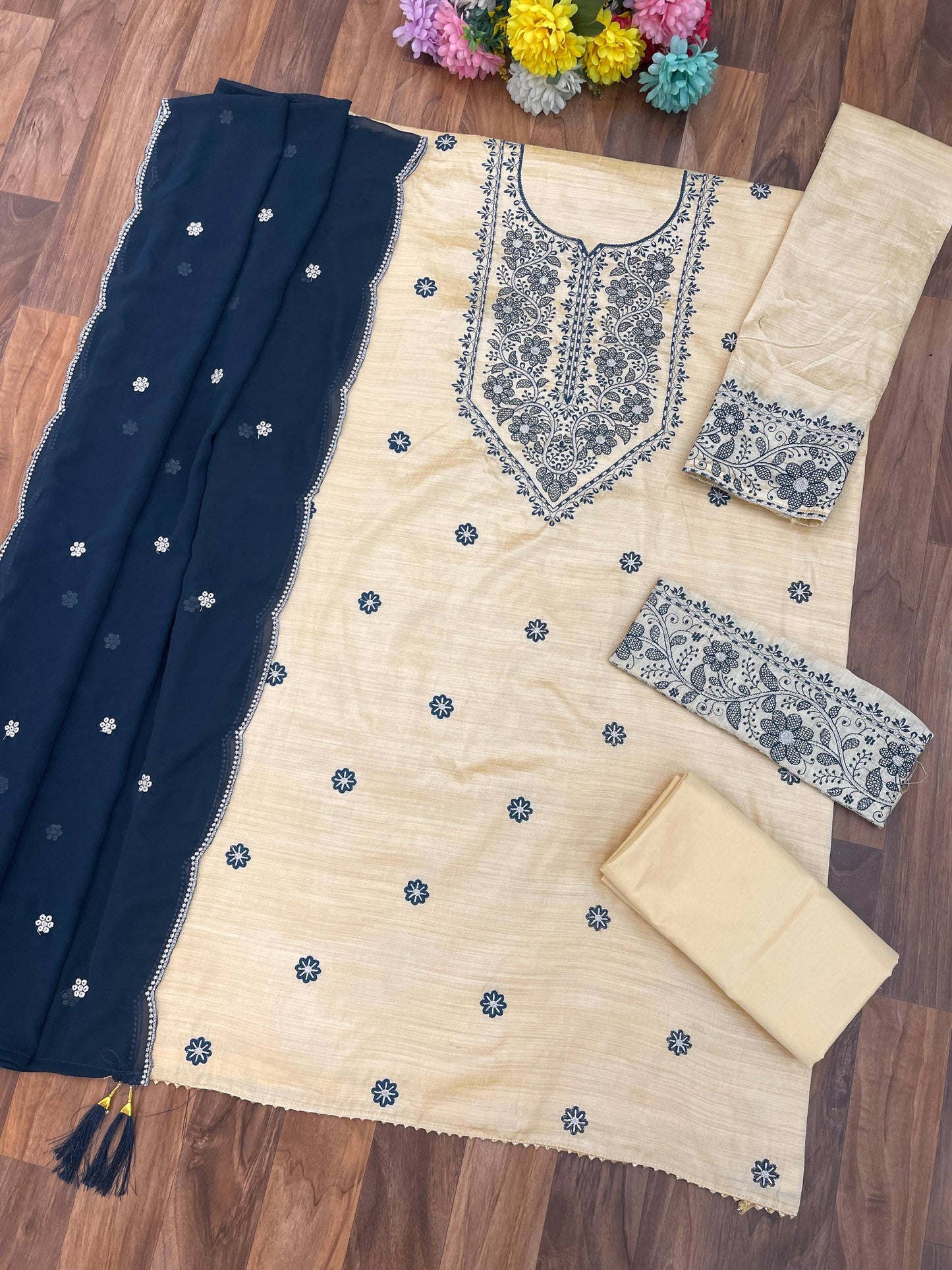 Anaita White Navy Khadi Cotton Suit with Embroidery & Patchwork