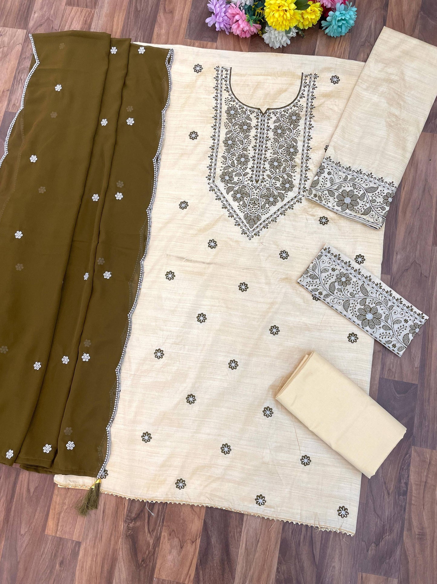 Anaita White Mehendi Khadi Cotton Suit with Embroidery & Patchwork