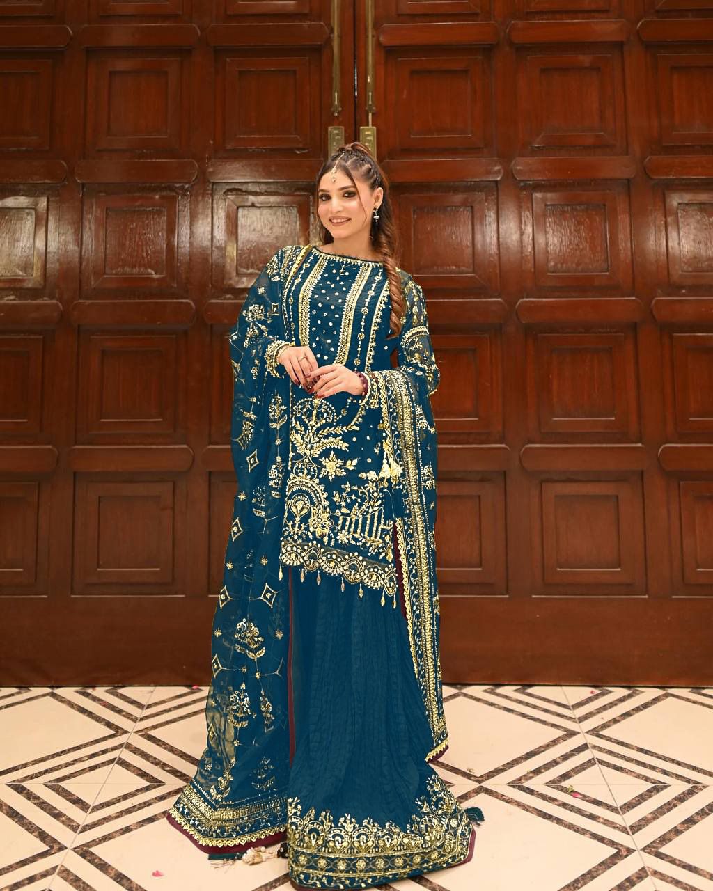 Anaita Teal Faux Georgette Readymade Suit with Embroidery & Moti Work
