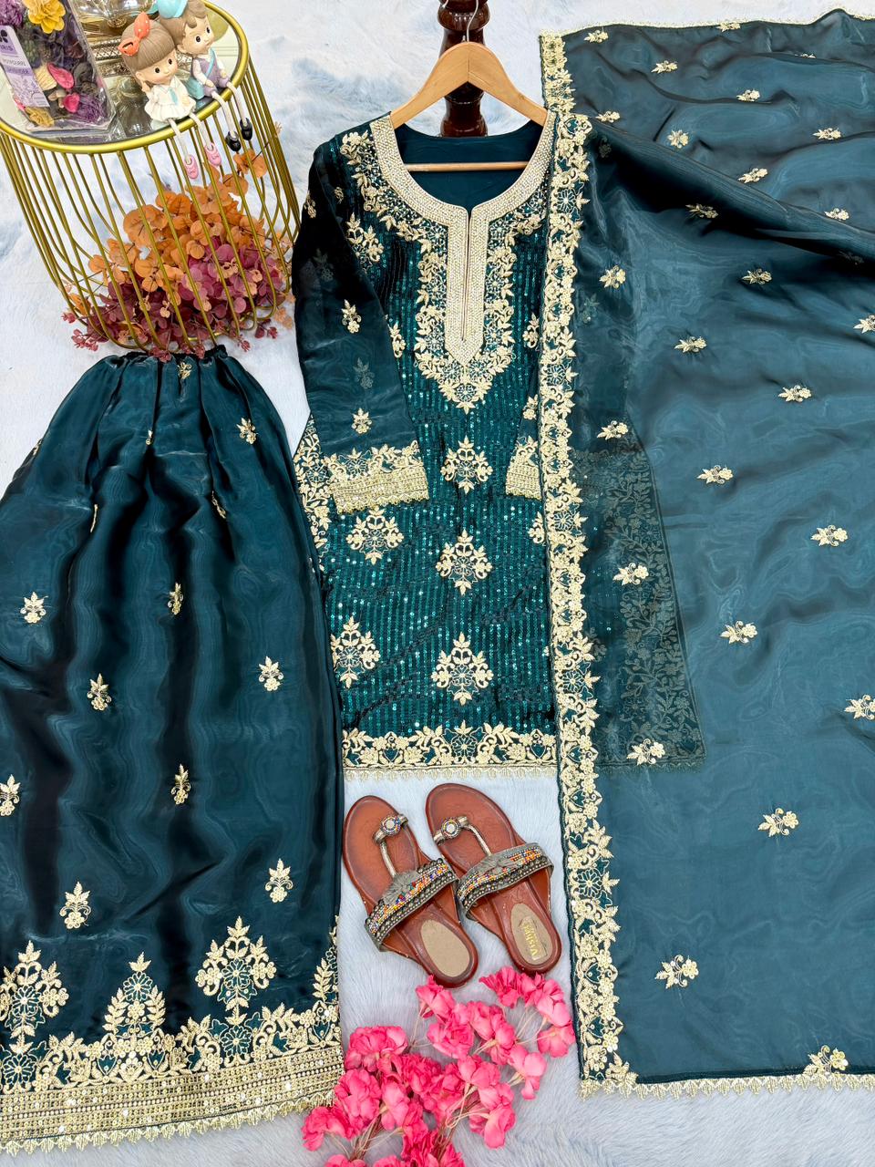 Anaita Teal Blue Silk Readymade Suit with Embroidery & Diamond Work