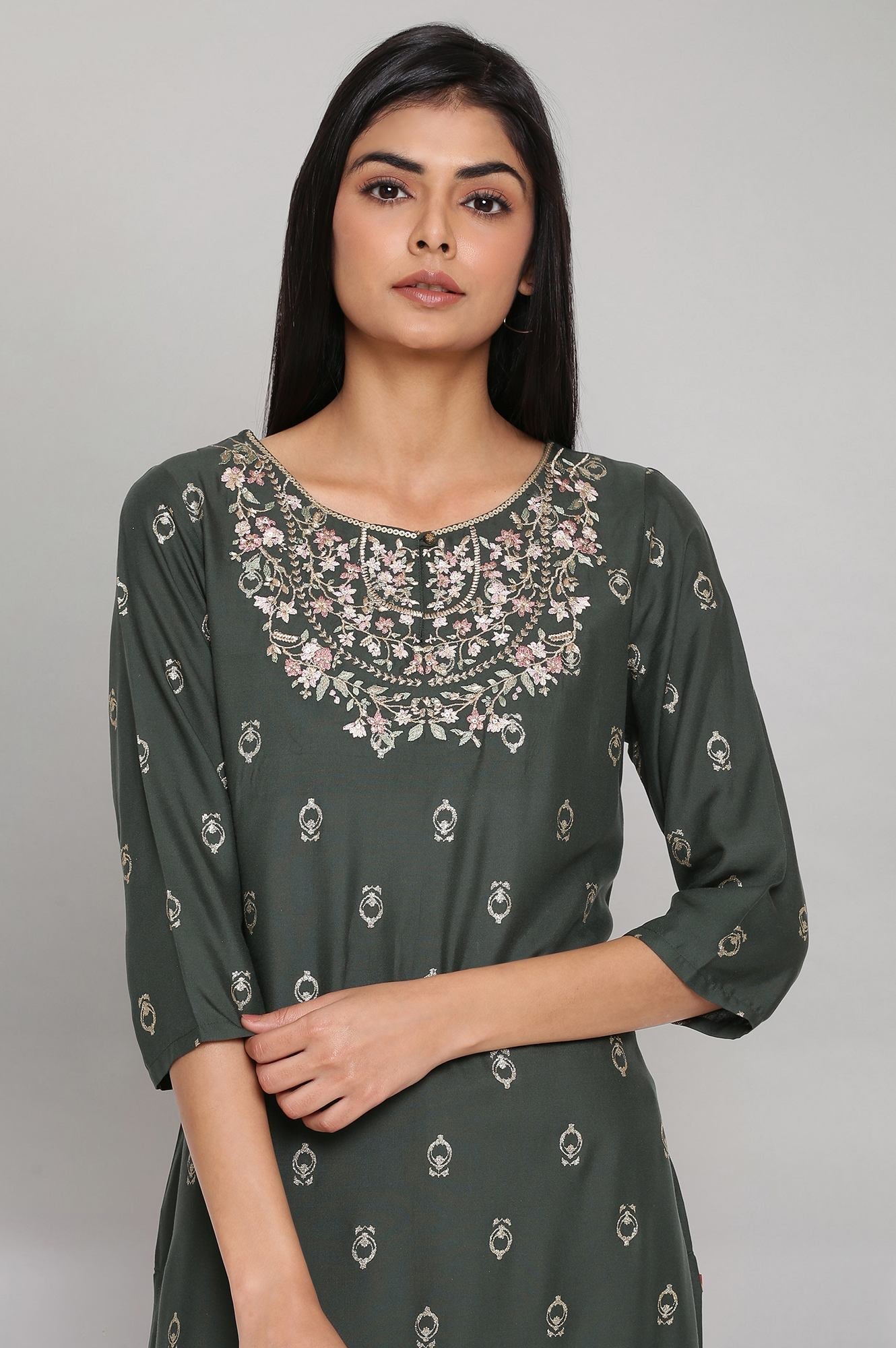 W for Woman Dark Green Printed kurta with Embroidery