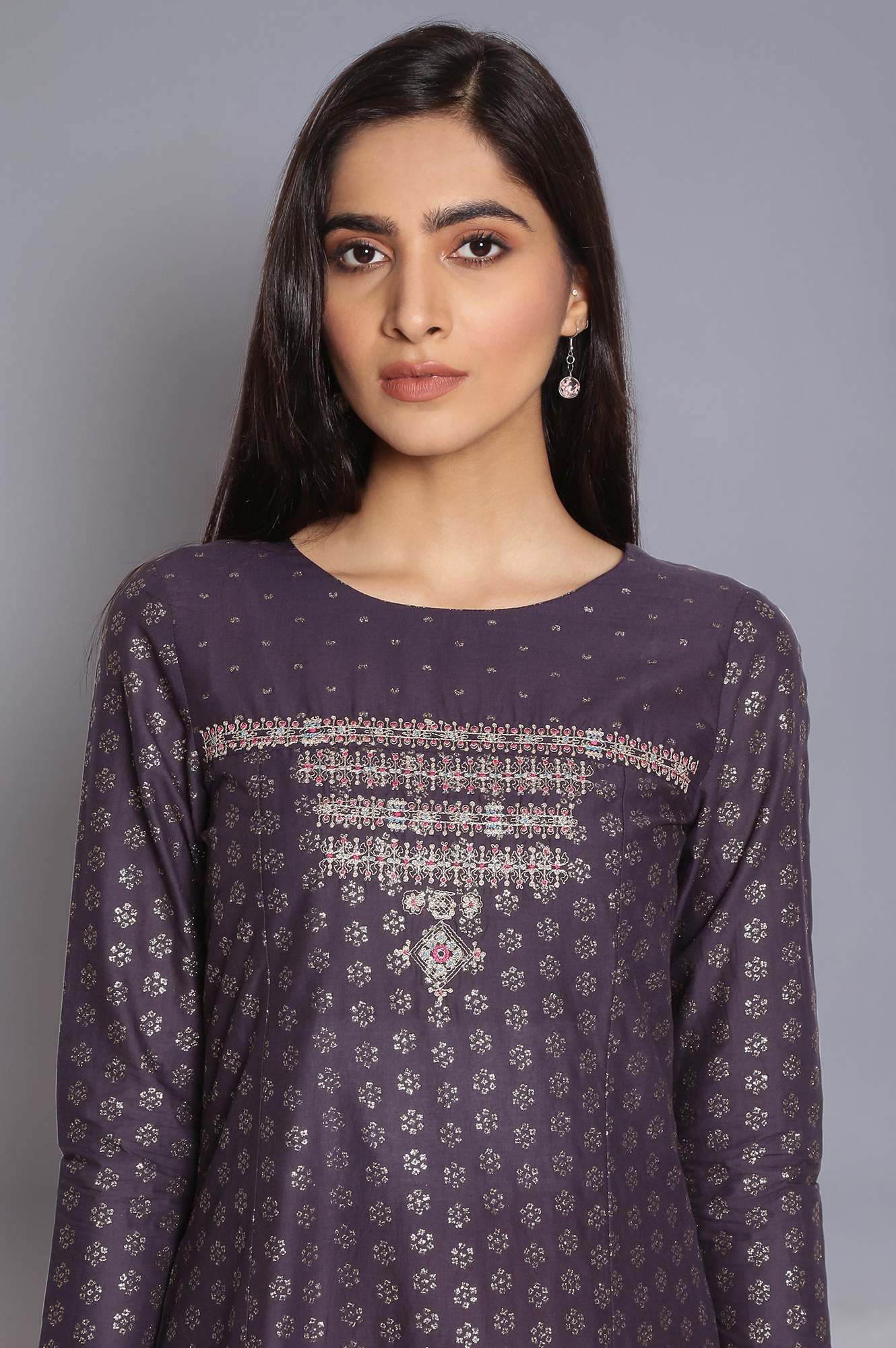 W for Woman Navy Blue Printed kurta with Embroidery