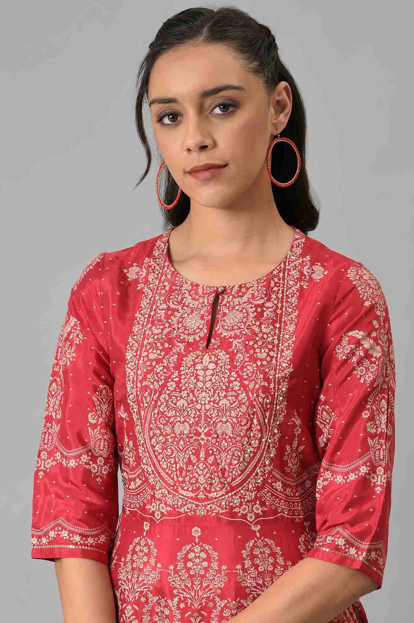 W for Woman Maroon Floral Printed Flared Shantung Festive Dress