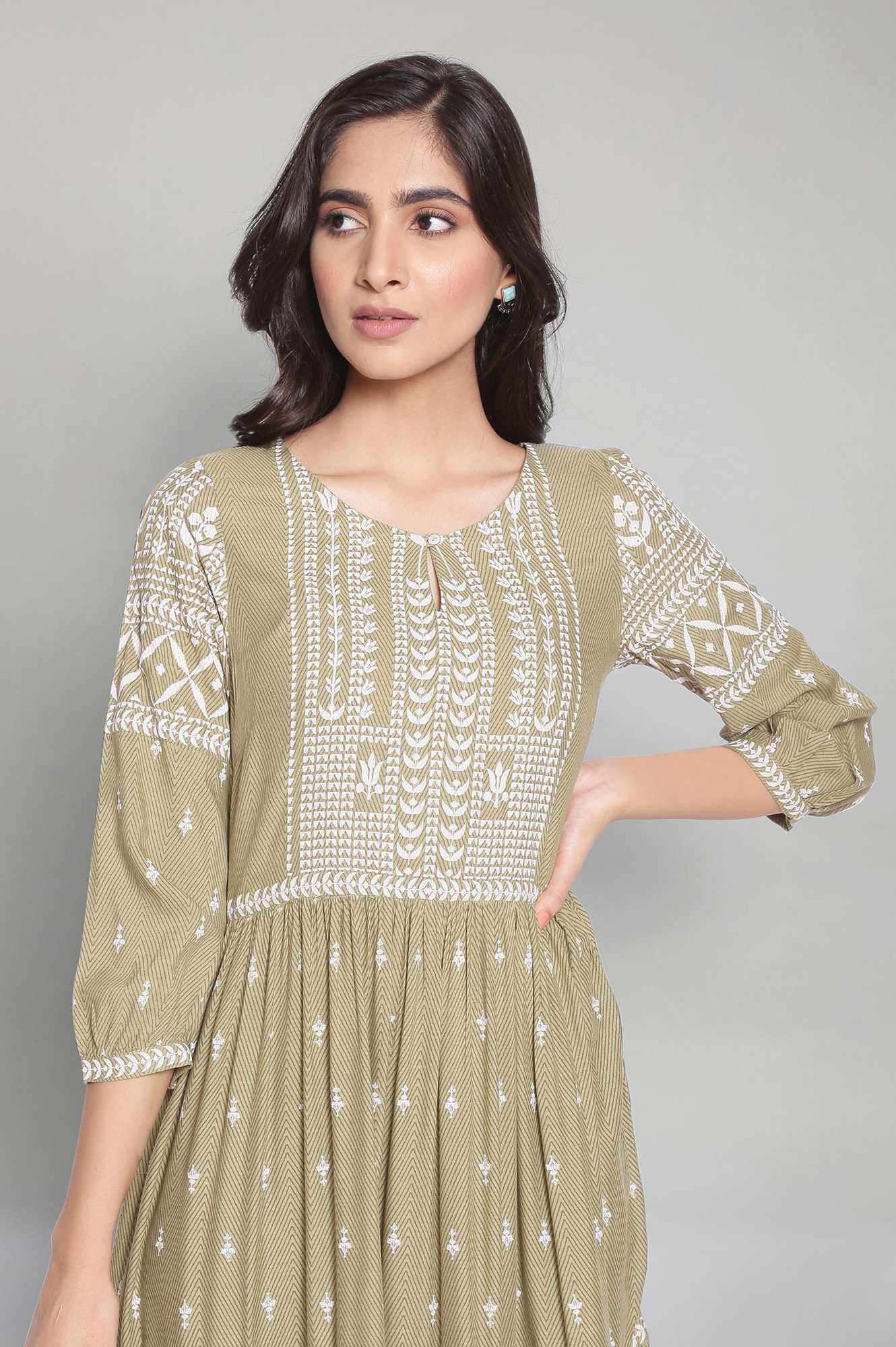 W for Woman Tea Green Printed Tiered Dress