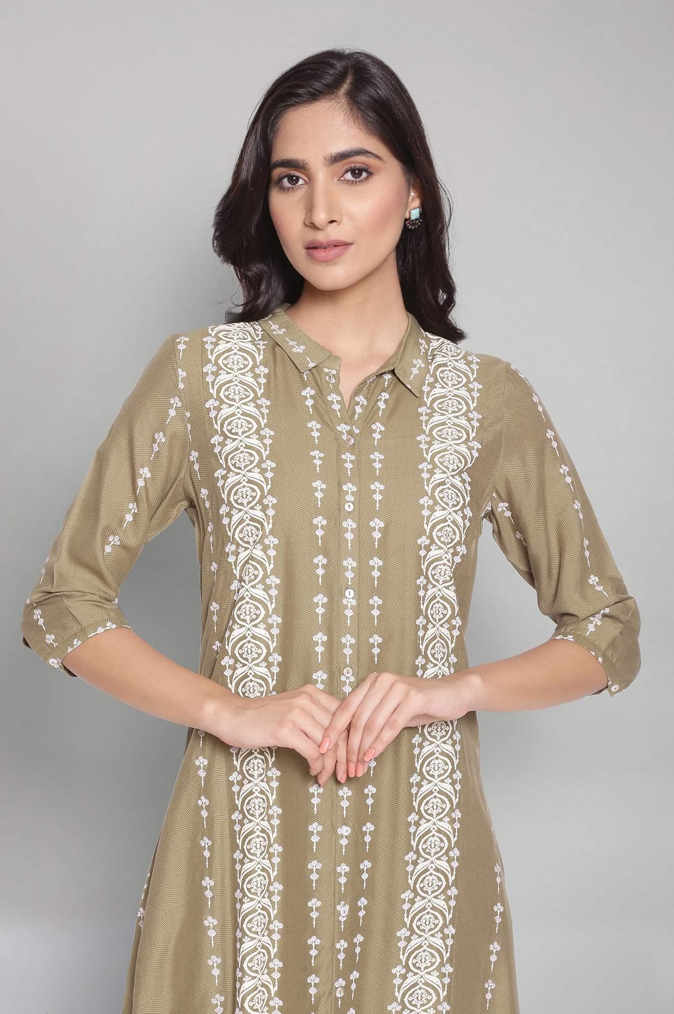 W for Woman Olive Green A-Line long Dress