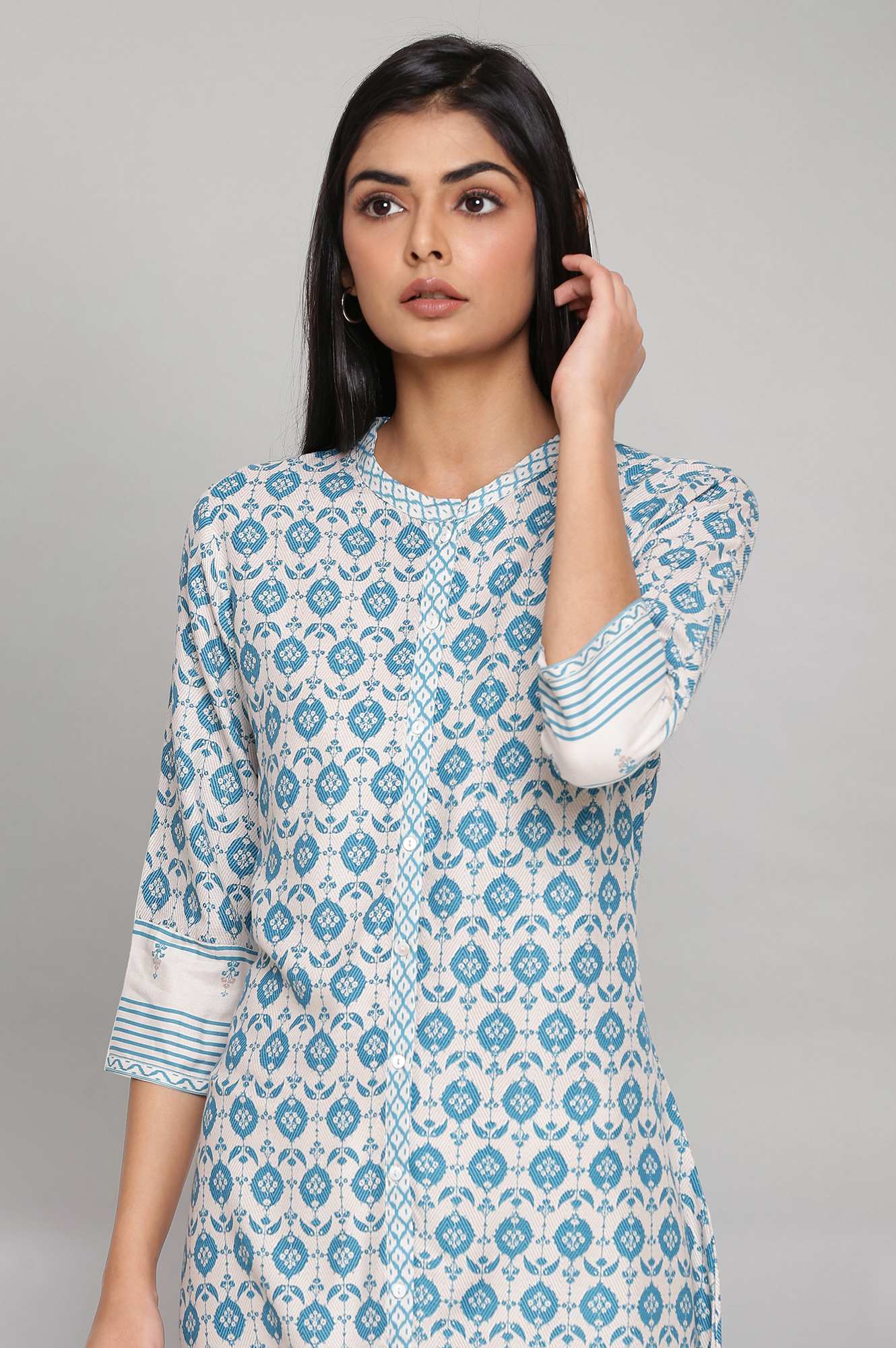 W for Woman Light Blue Printed Full Placket kurta
