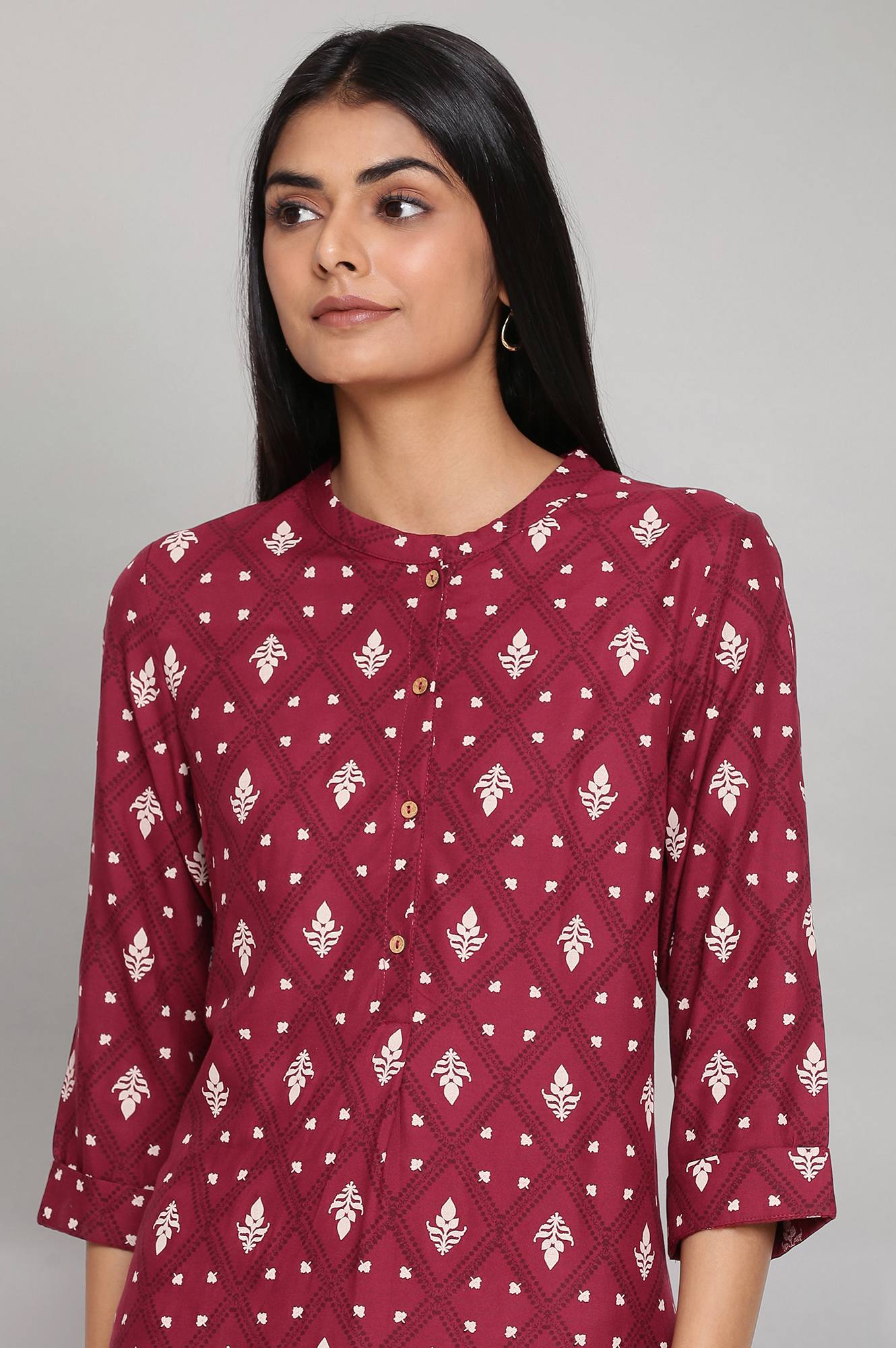 W for Woman Maroon Printed Button Down kurta