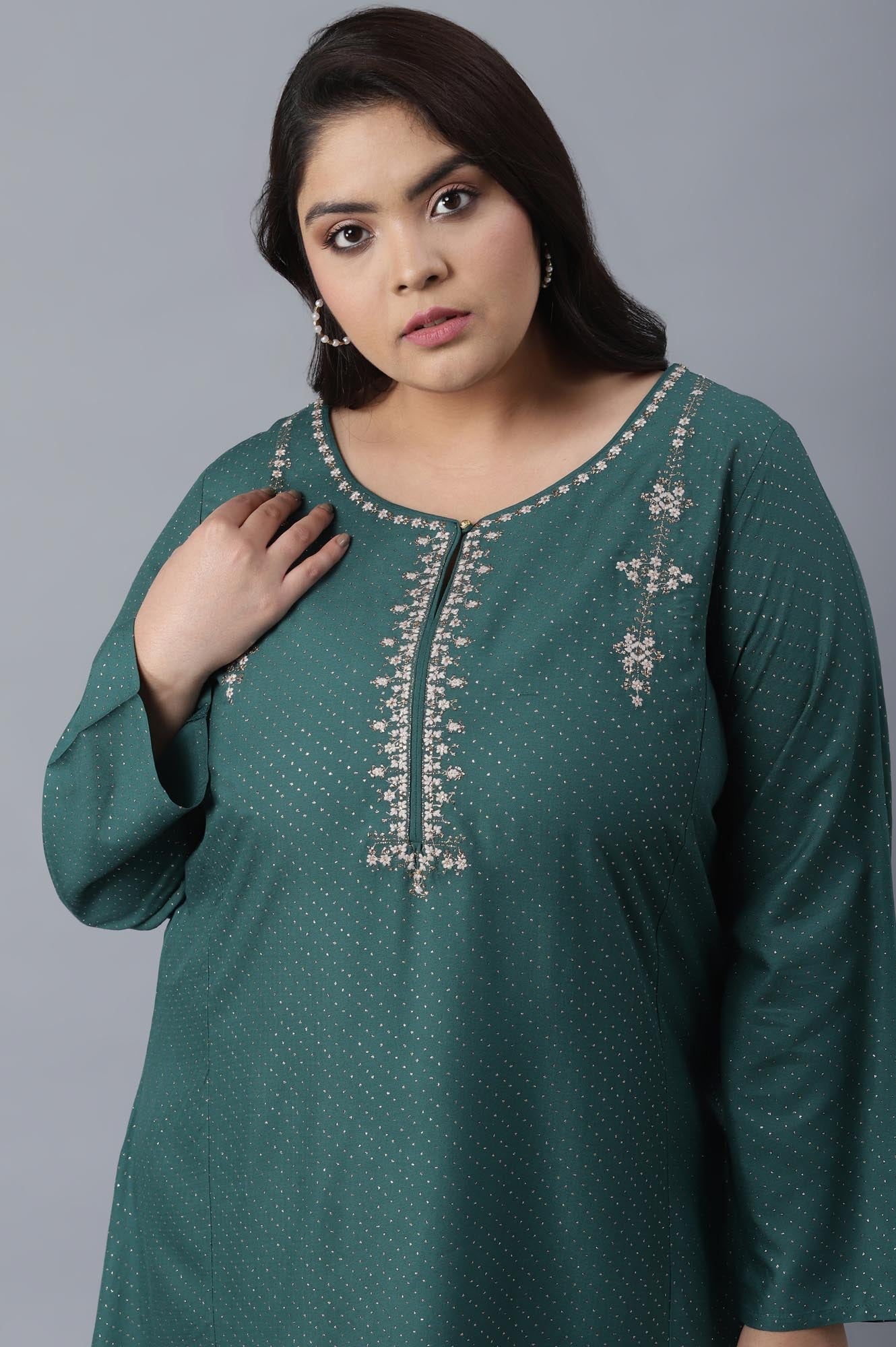W for Woman Green Polka Dots Printed A-line kurta