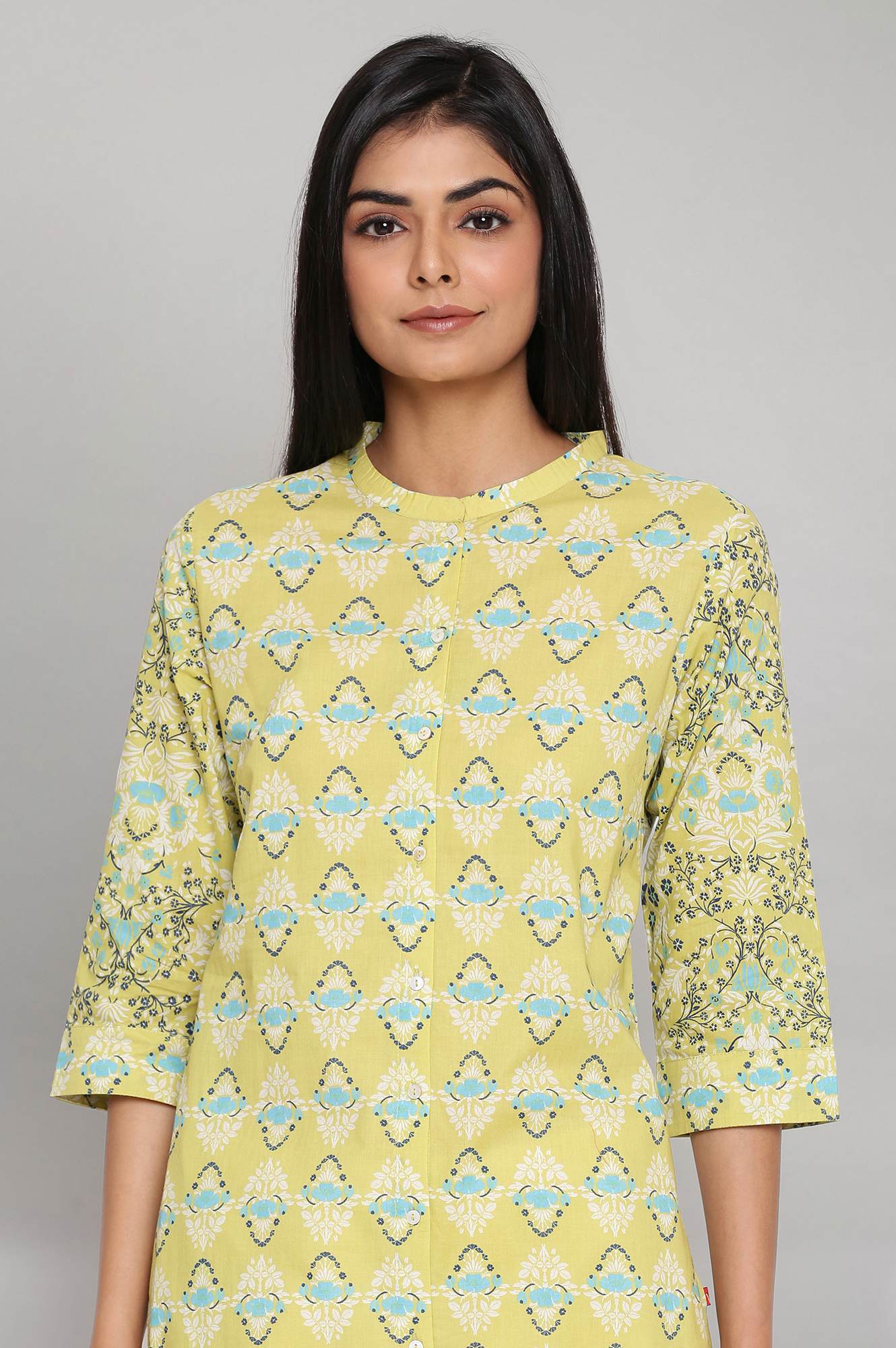 W for Woman Green Printed Button Down kurta